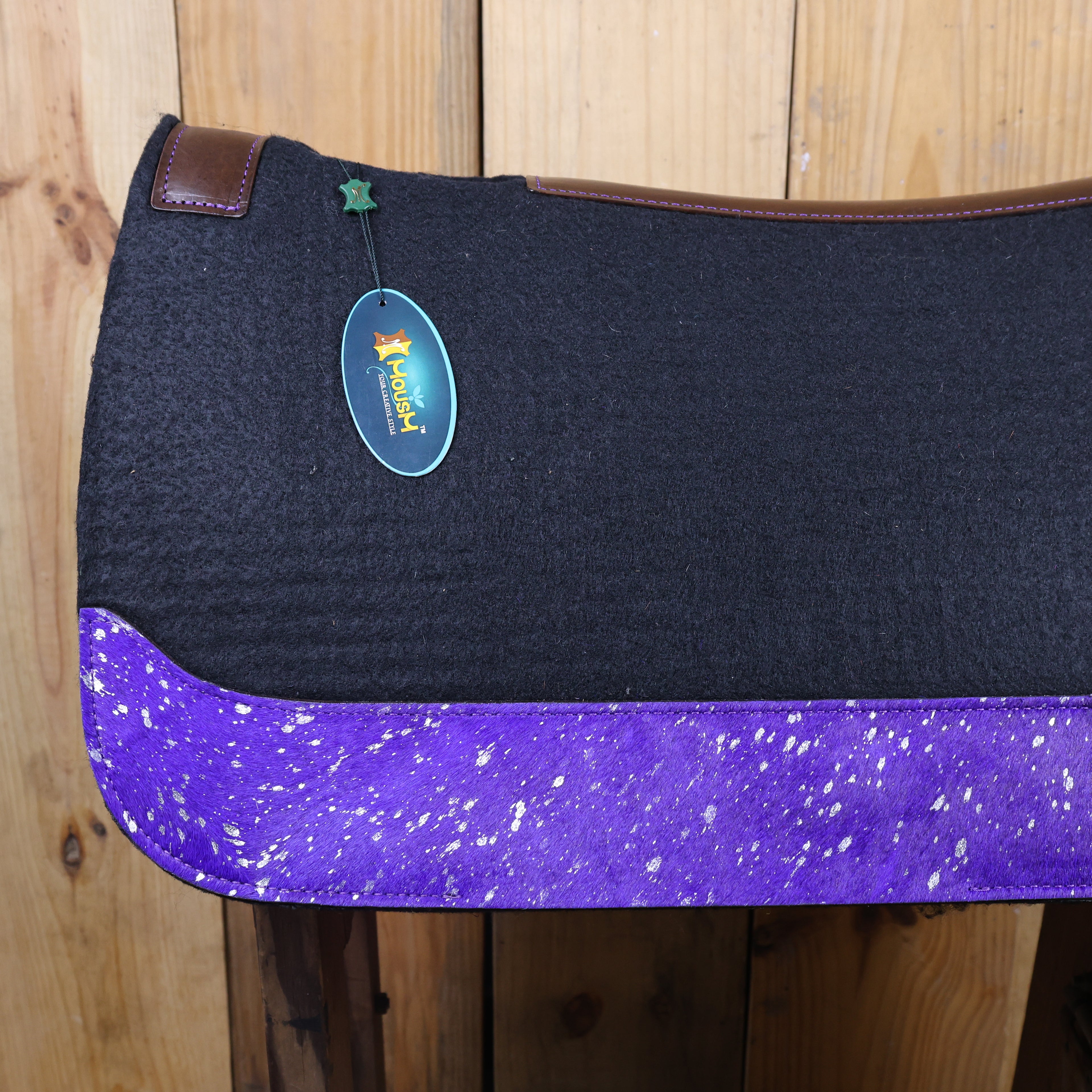 MOSUM Western Saddle Pad - Saddle Pad for Horses Synthetic Wool Blend Black Felt with Purple Acid Wash Hair on Cowhide Leather Patch, Comfort Pad for Horses.