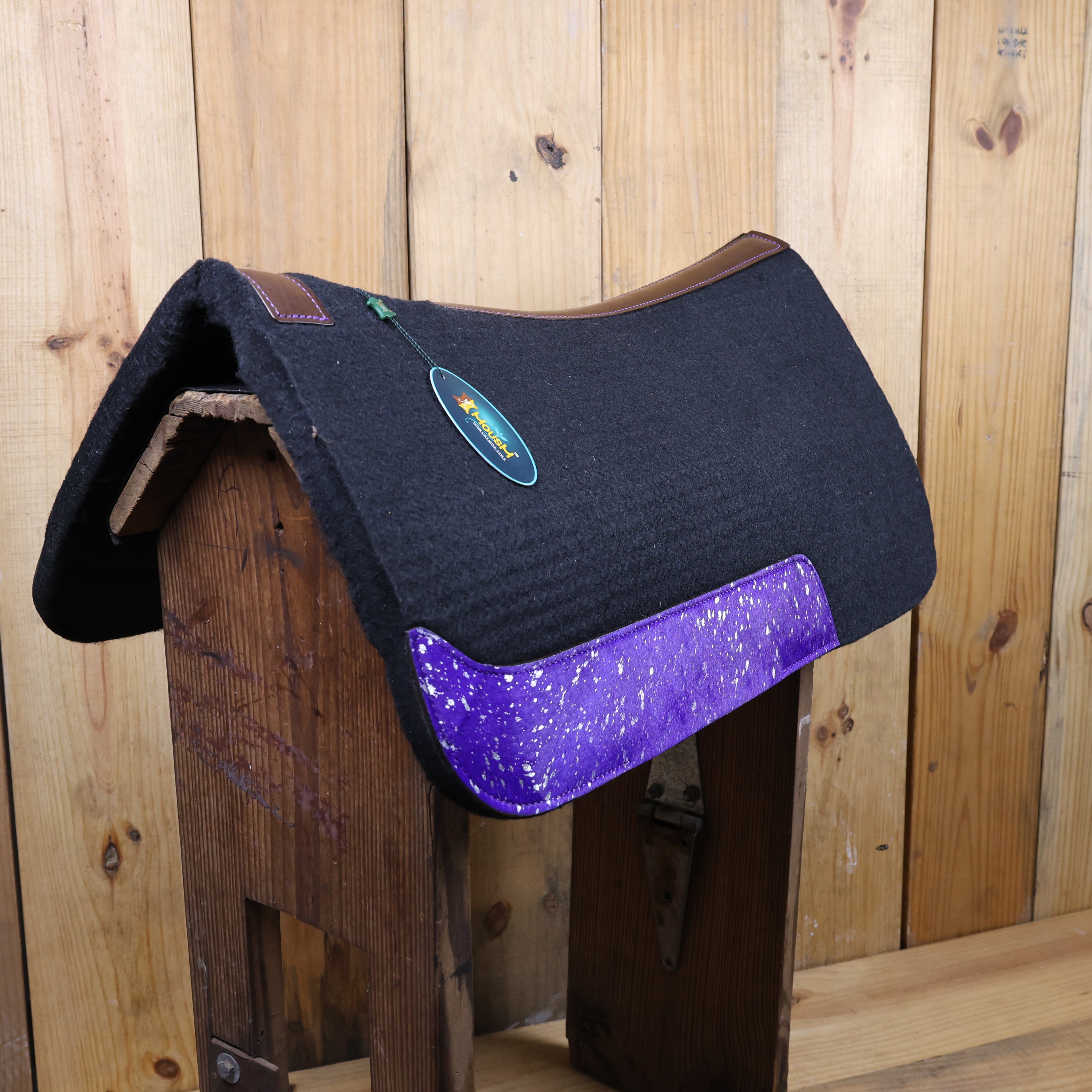 MOSUM Western Saddle Pad - Saddle Pad for Horses Synthetic Wool Blend Black Felt with Purple Acid Wash Hair on Cowhide Leather Patch, Comfort Pad for Horses.