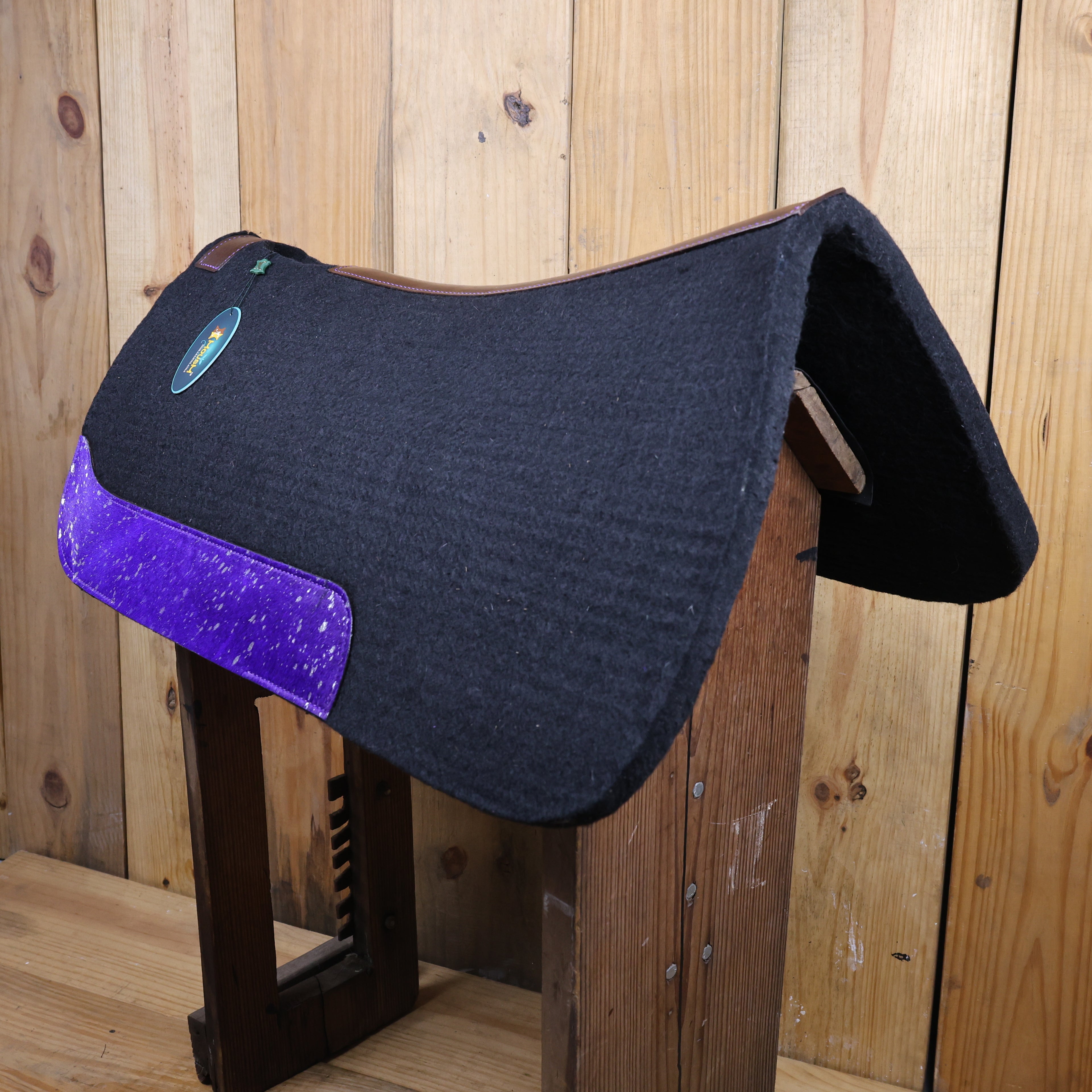 MOSUM Western Saddle Pad - Saddle Pad for Horses Synthetic Wool Blend Black Felt with Purple Acid Wash Hair on Cowhide Leather Patch, Comfort Pad for Horses.