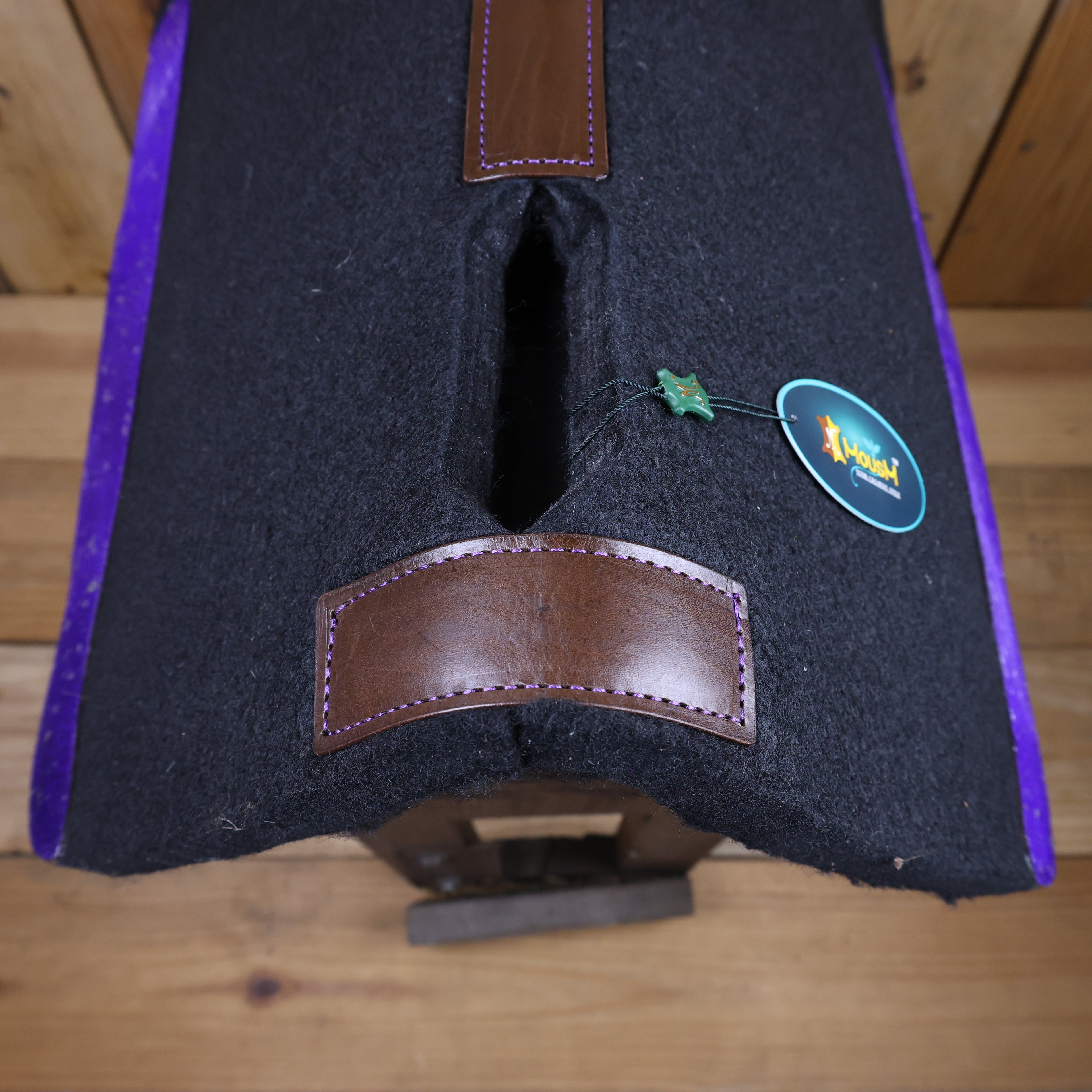 MOSUM Western Saddle Pad - Saddle Pad for Horses Synthetic Wool Blend Black Felt with Purple Acid Wash Hair on Cowhide Leather Patch, Comfort Pad for Horses.