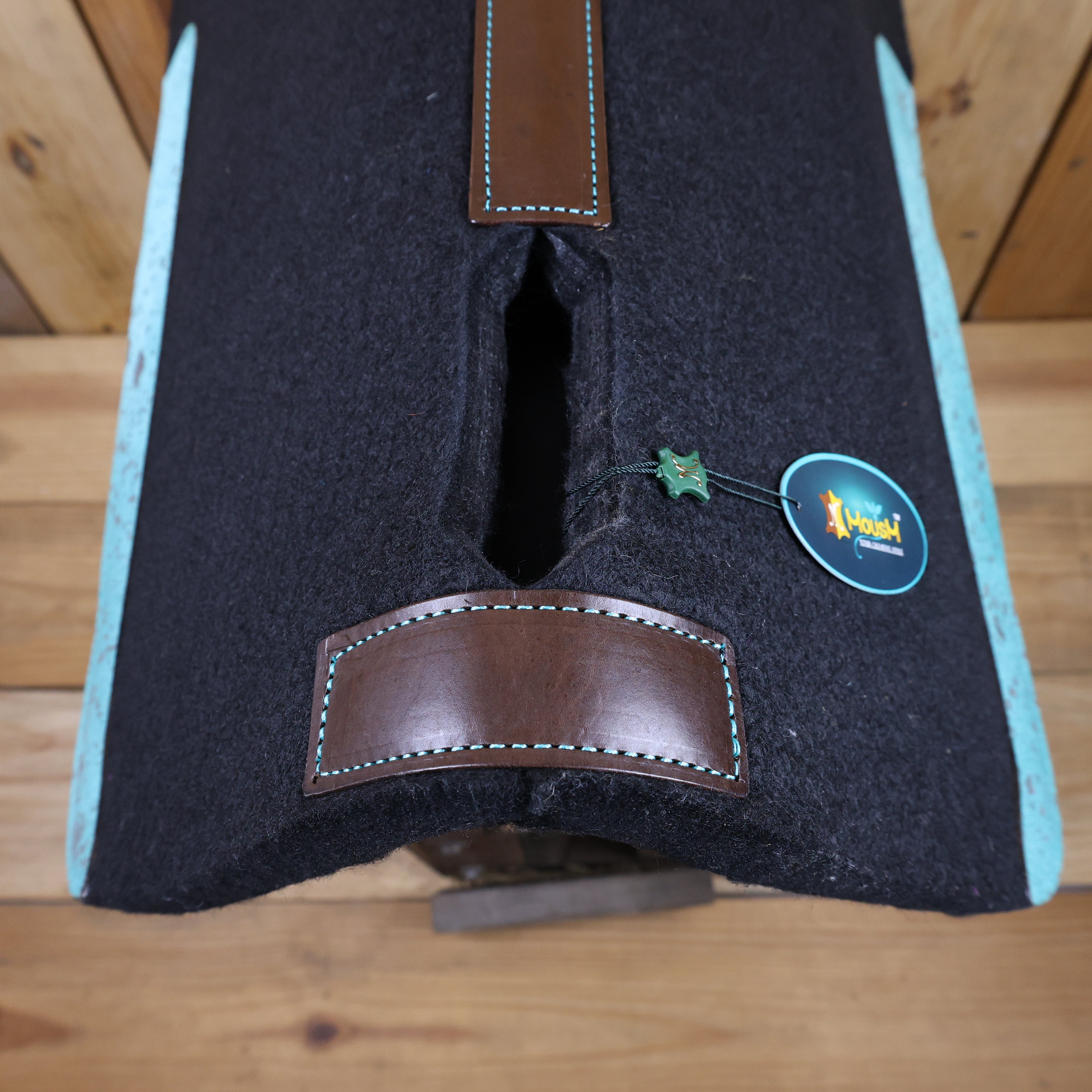 MOSUM Western Saddle Pad - Saddle Pad for Horses Synthetic Wool Blend Black Felt with Turquoise Acid Wash Hair on Cowhide Leather Patch, Comfort Pad for Horses.