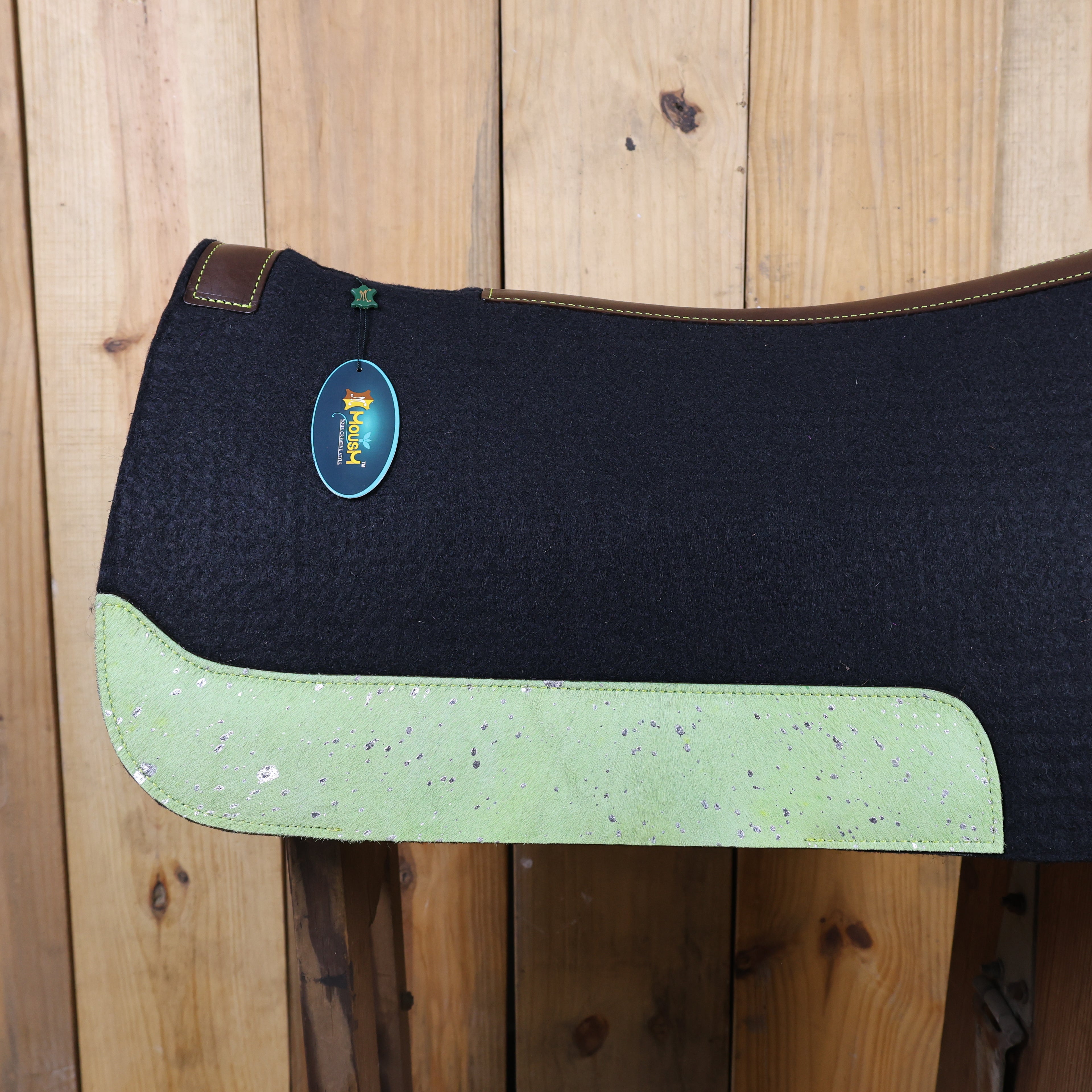 MOSUM Western Saddle Pad - Saddle Pad for Horses Synthetic Wool Blend Black Felt with Lime Green Acid Wash Hair on Cowhide Leather Patch, Comfort Pad for Horses.