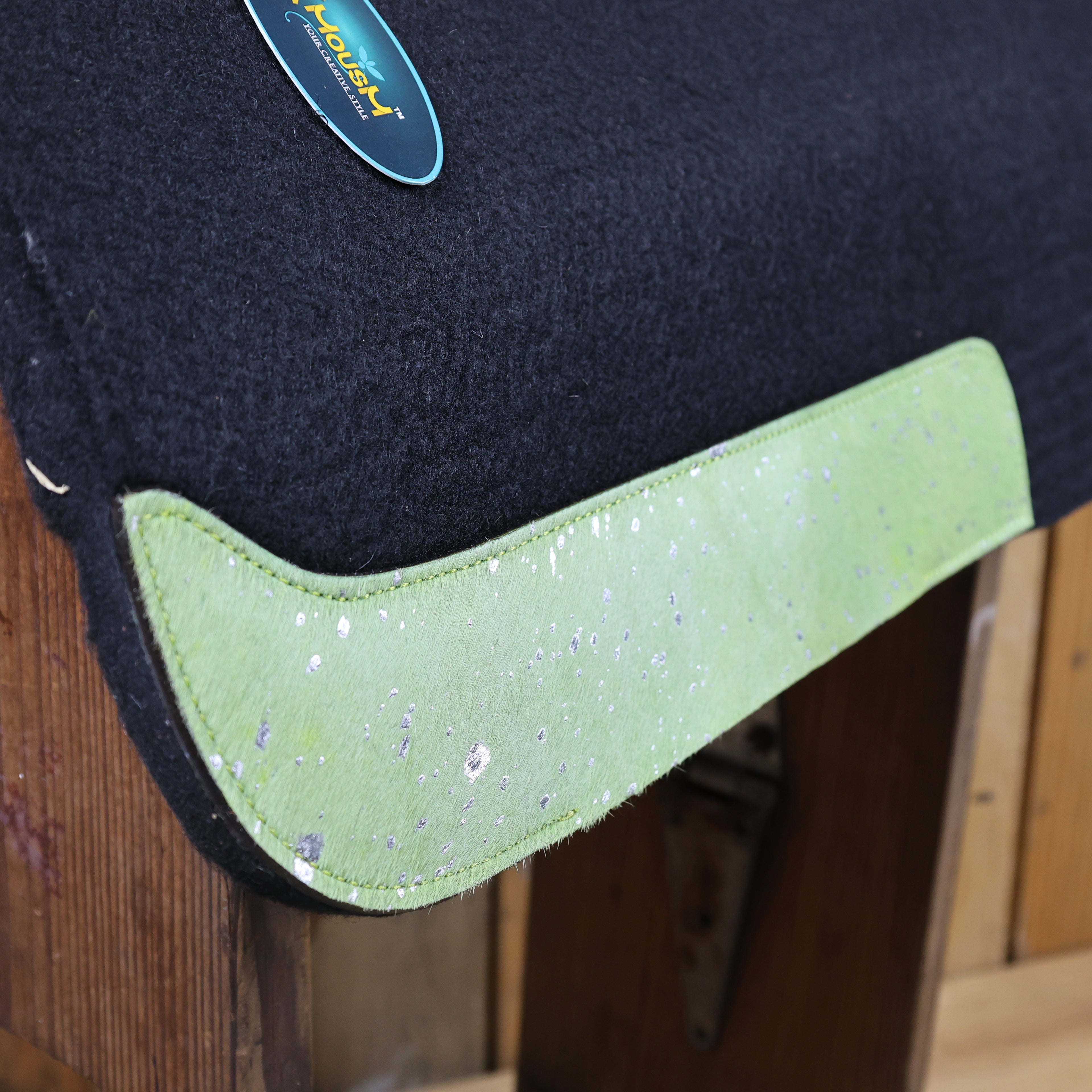 MOSUM Western Saddle Pad - Saddle Pad for Horses Synthetic Wool Blend Black Felt with Lime Green Acid Wash Hair on Cowhide Leather Patch, Comfort Pad for Horses.