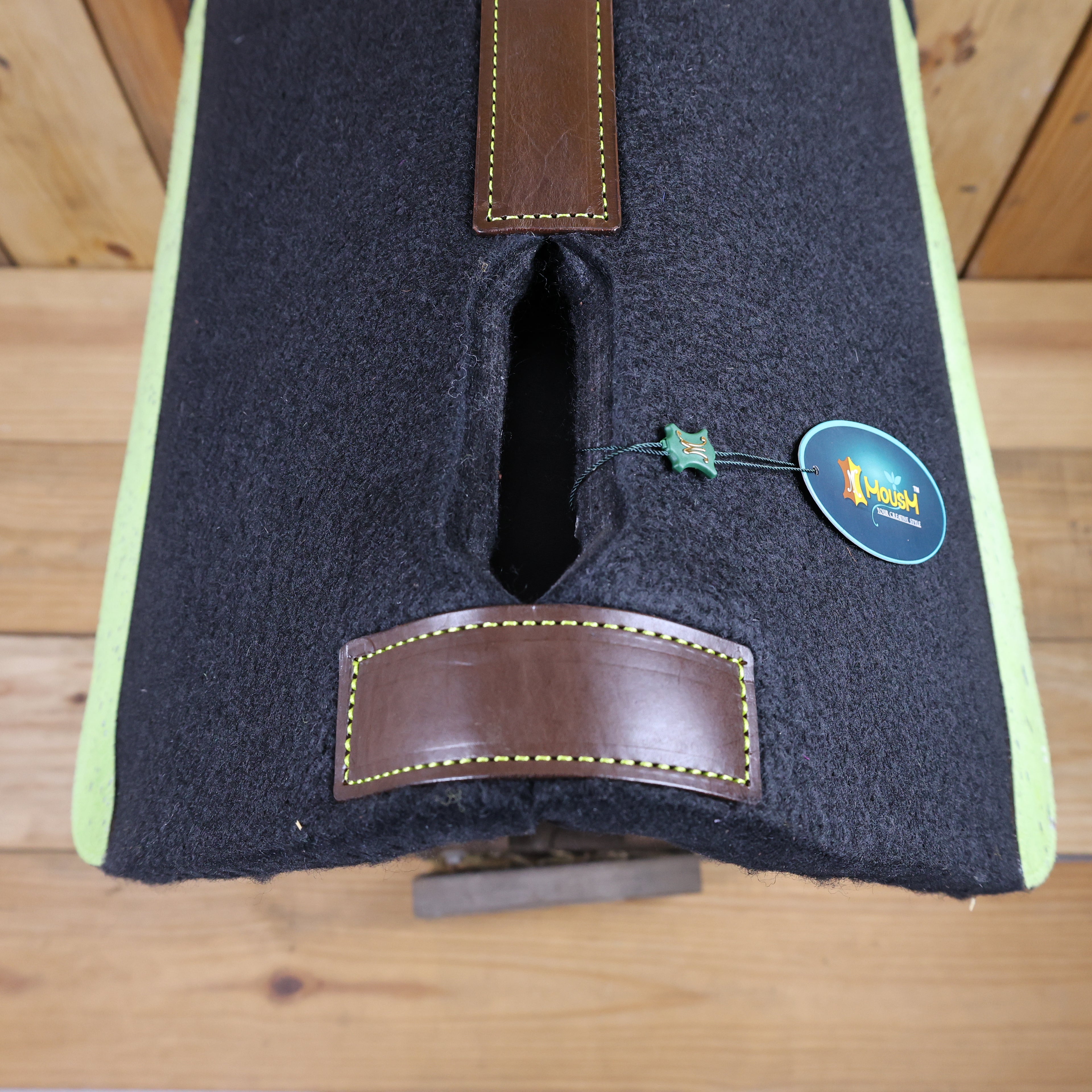 MOSUM Western Saddle Pad - Saddle Pad for Horses Synthetic Wool Blend Black Felt with Lime Green Acid Wash Hair on Cowhide Leather Patch, Comfort Pad for Horses.