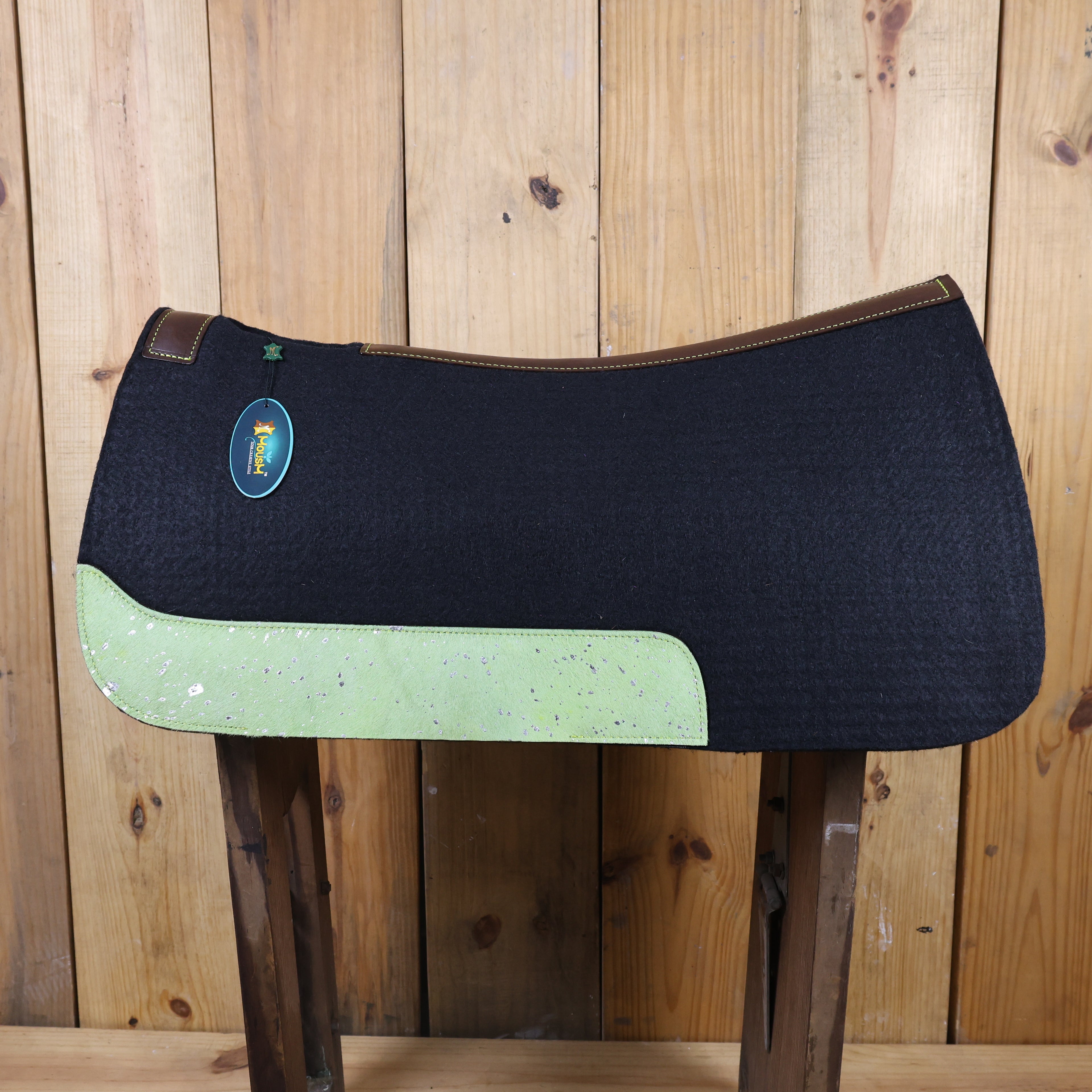 MOSUM Western Saddle Pad - Saddle Pad for Horses Synthetic Wool Blend Black Felt with Lime Green Acid Wash Hair on Cowhide Leather Patch, Comfort Pad for Horses.