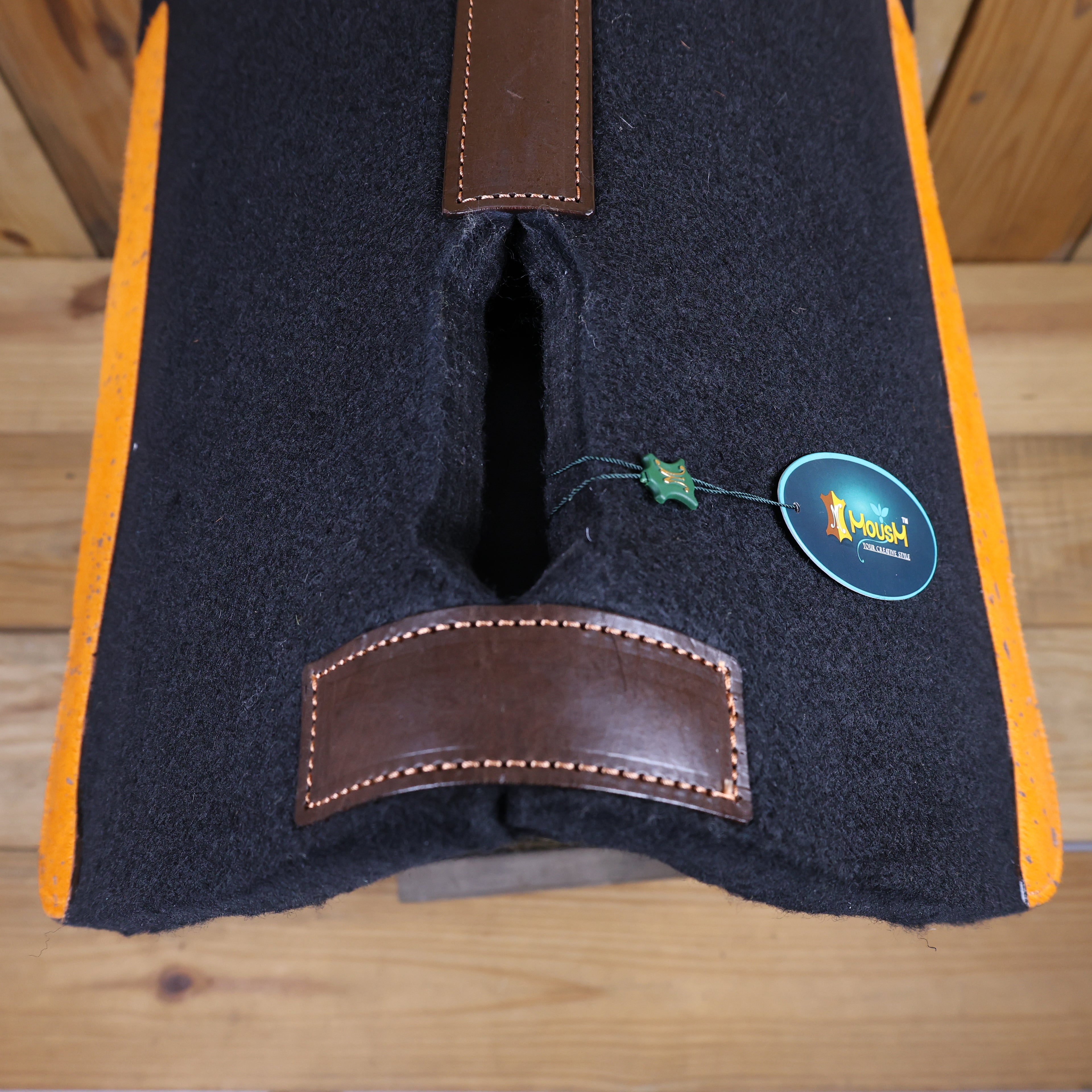MOSUM Western Saddle Pad - Saddle Pad for Horses Synthetic Wool Blend Black Felt with Orange Acid Wash Hair on Cowhide Leather Patch, Comfort Pad for Horses.