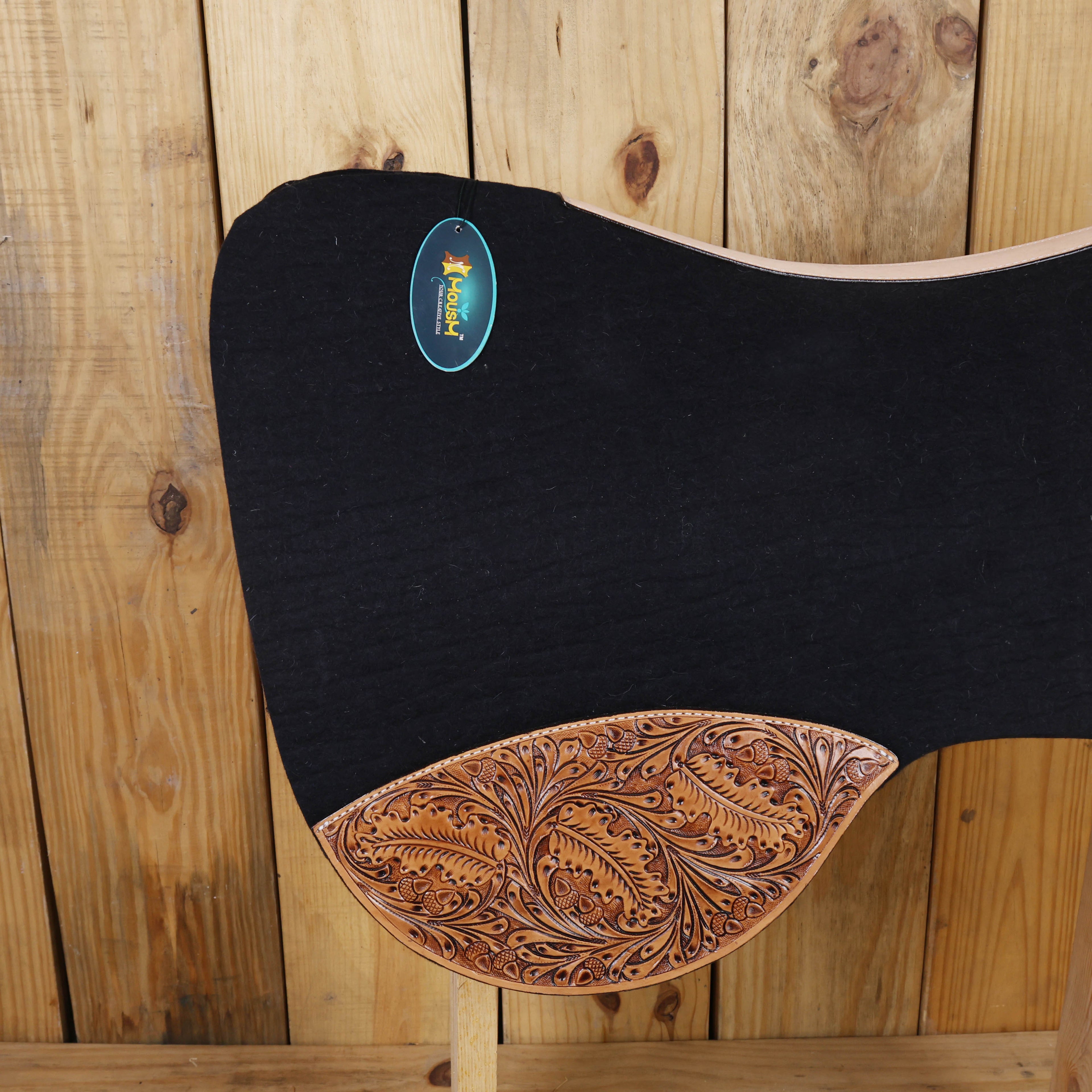 MOUSM Western Saddle Pad - Extreme Barrel Racer Saddle Pad with Full Skirt with Cutout Feather Trim and Leather Reinforced Spine Decorated with OAK Leaf Hand Carving on Real Cow Hide Leather, Comfortable Saddle Pads