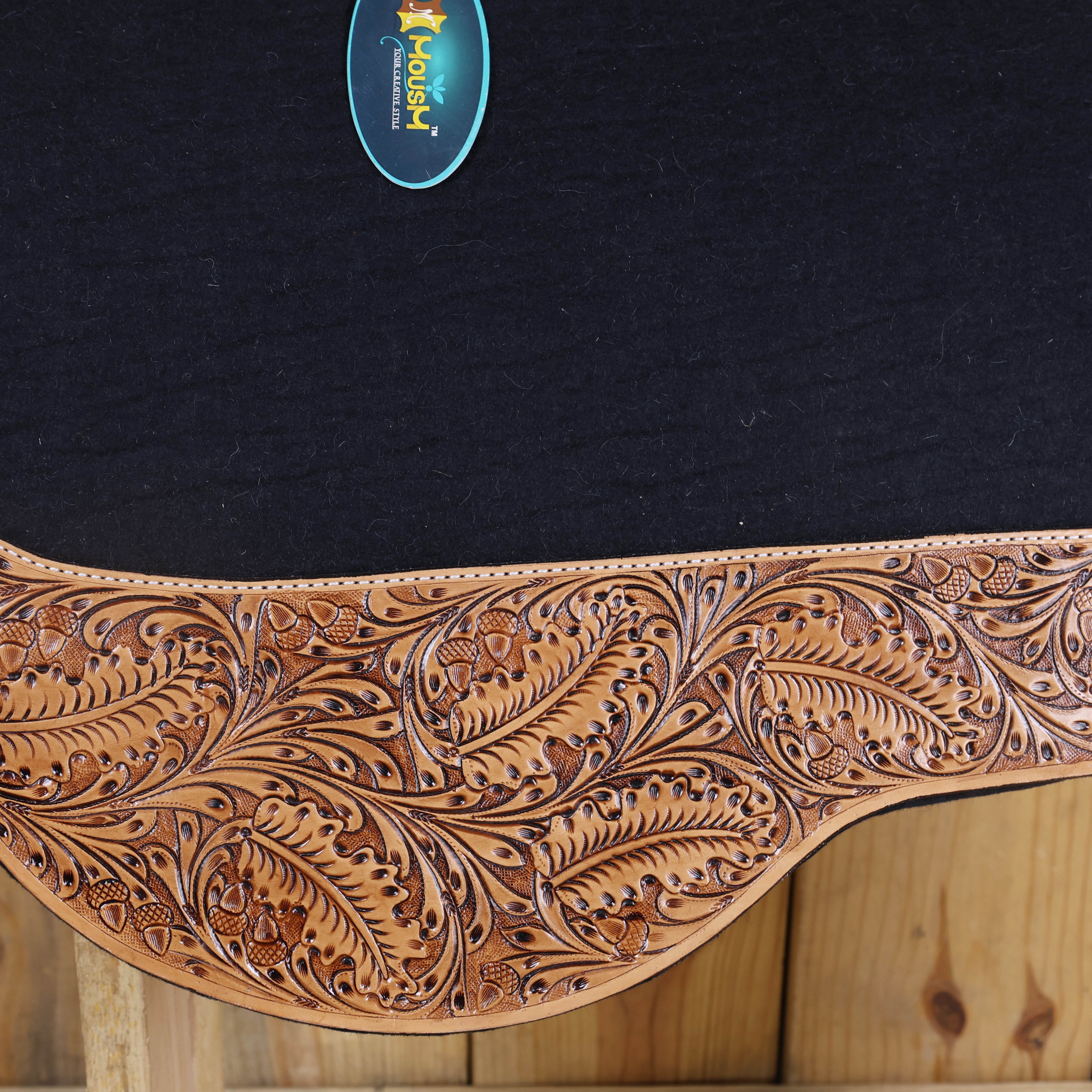 MOUSM Western Saddle Pad - Dropped Rigging Barrel Racer Saddle Pad with Full Skirt with Cutout Feather Trim and Leather Reinforced Spine Decorated with OAK Leaf Hand Carving on Real Cow Hide Leather, Comfortable Saddle Pads