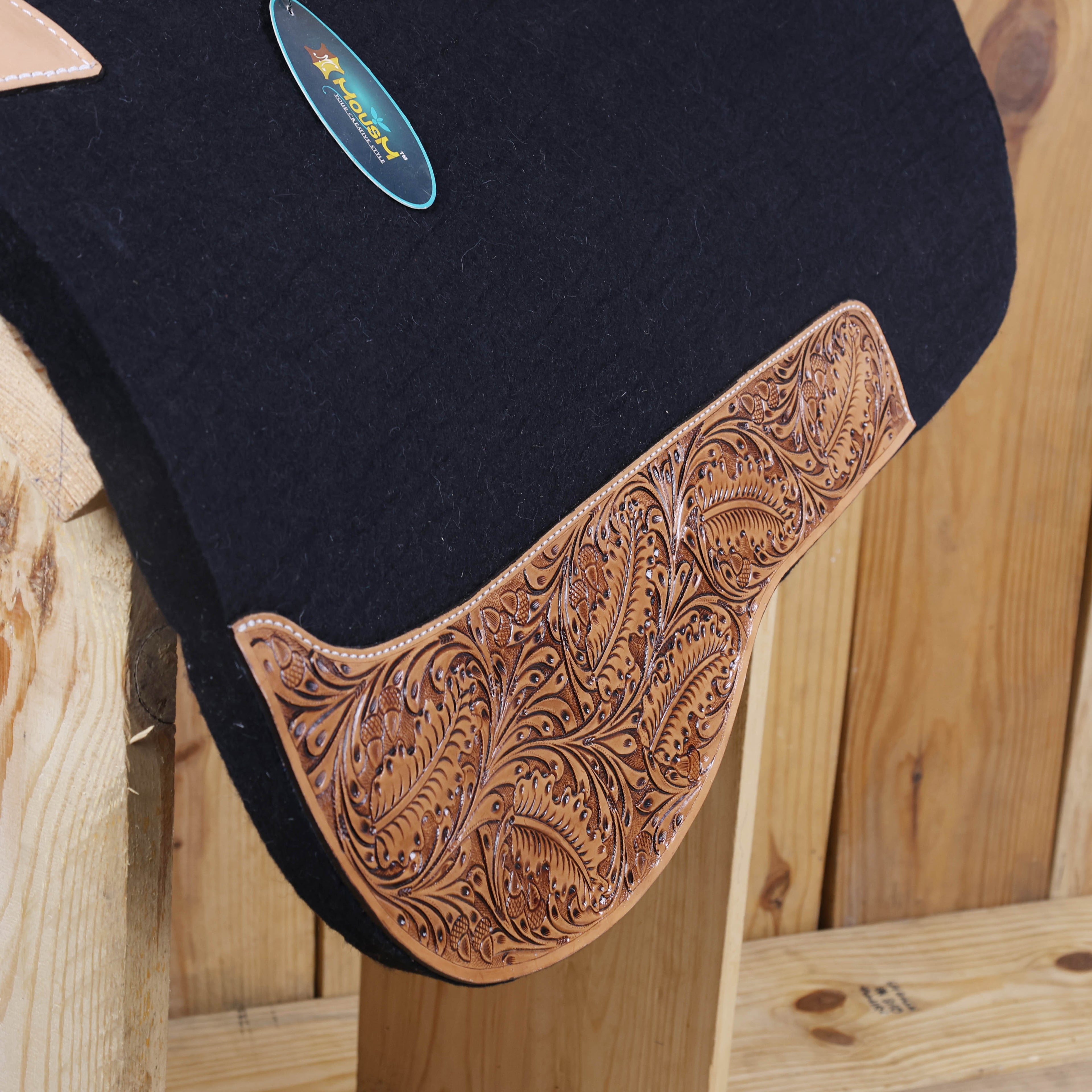 MOUSM Western Saddle Pad - Dropped Rigging Barrel Racer Saddle Pad with Full Skirt with Cutout Feather Trim and Leather Reinforced Spine Decorated with OAK Leaf Hand Carving on Real Cow Hide Leather, Comfortable Saddle Pads