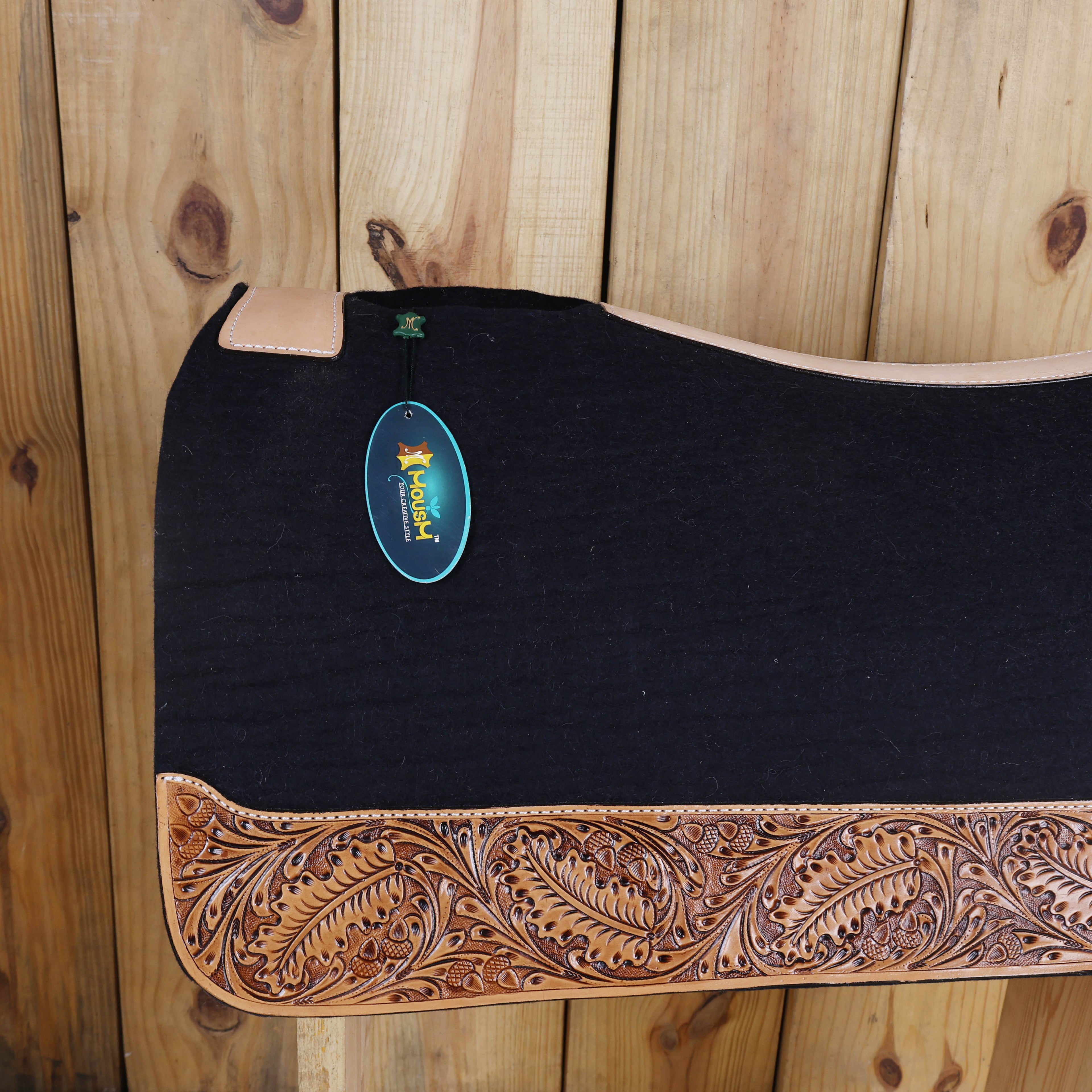 MOUSM Western Saddle Pad - All Around Round Saddle Pad with Full Skirt with Cutout Feather Trim and Leather Reinforced Spine Decorated with OAK Leaf Hand Carving on Real Cow Hide Leather, Comfortable Saddle Pads