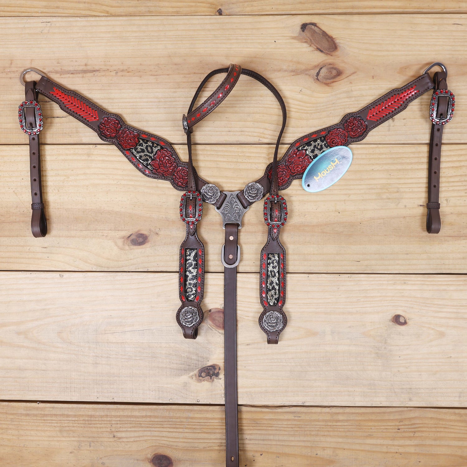 western headstall and breast collar with antique nickel hardware and rose conchos