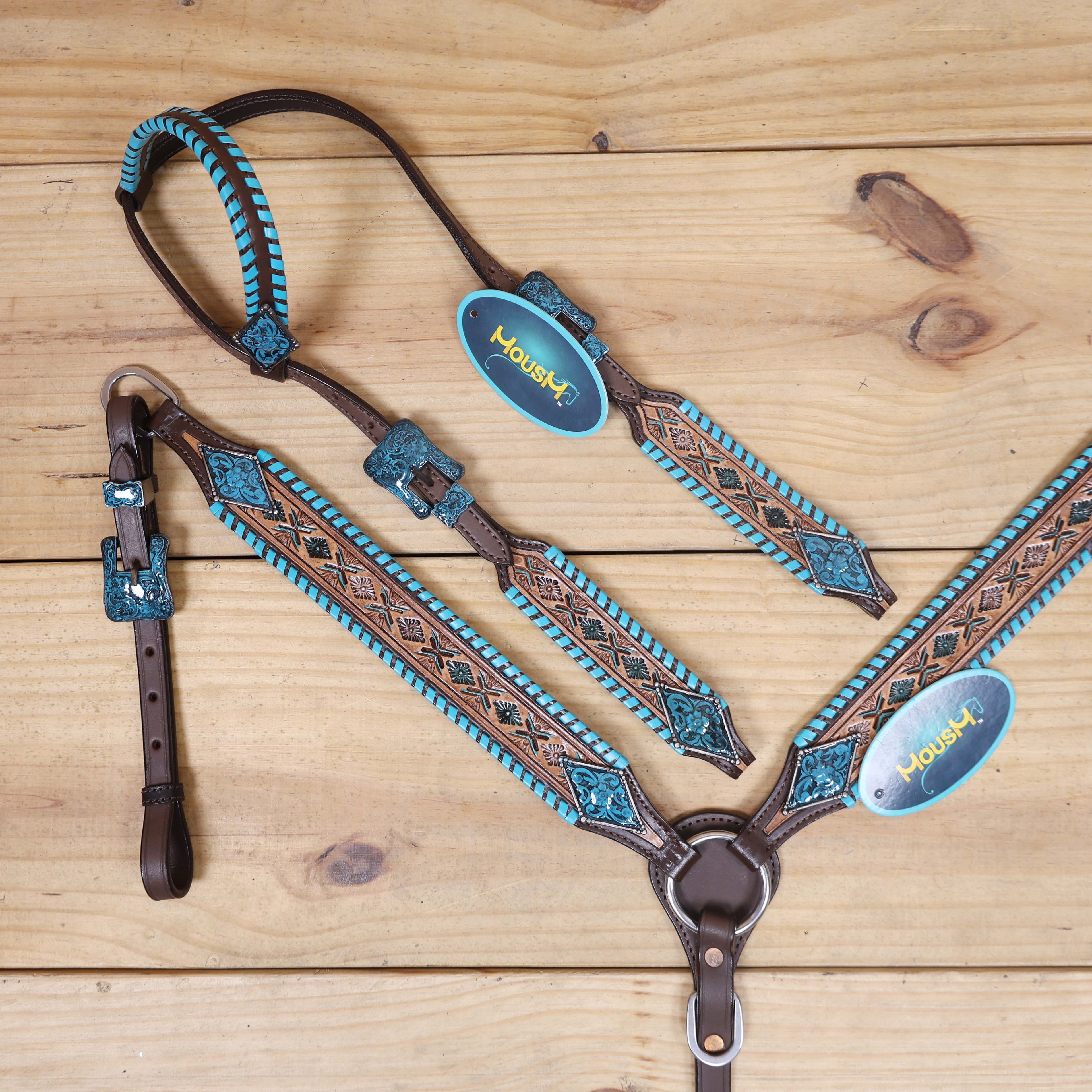 western one ear horse headstall tack with turquoise whip stitching and bold tooling design