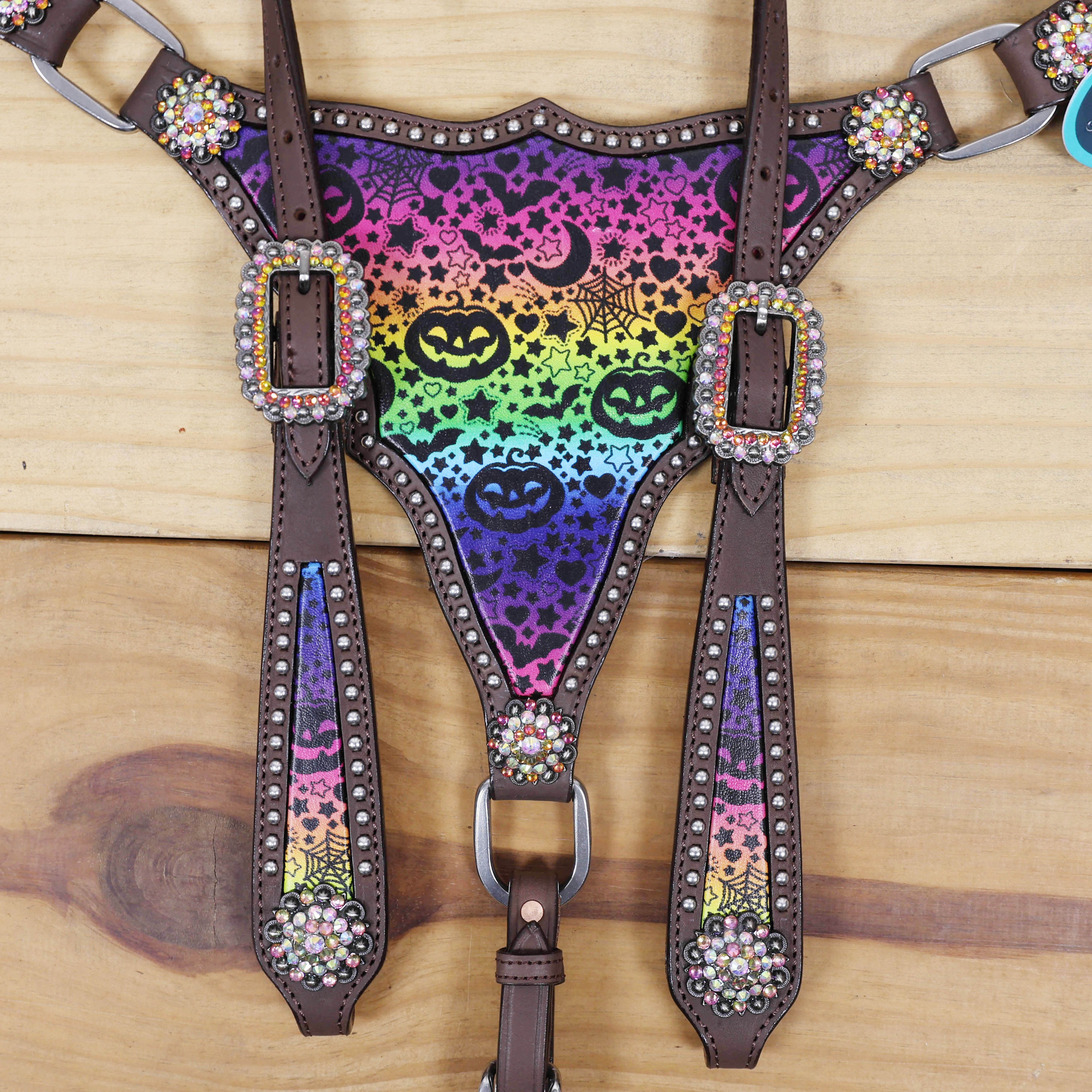 western horse tack with festive rainbow style halloween design