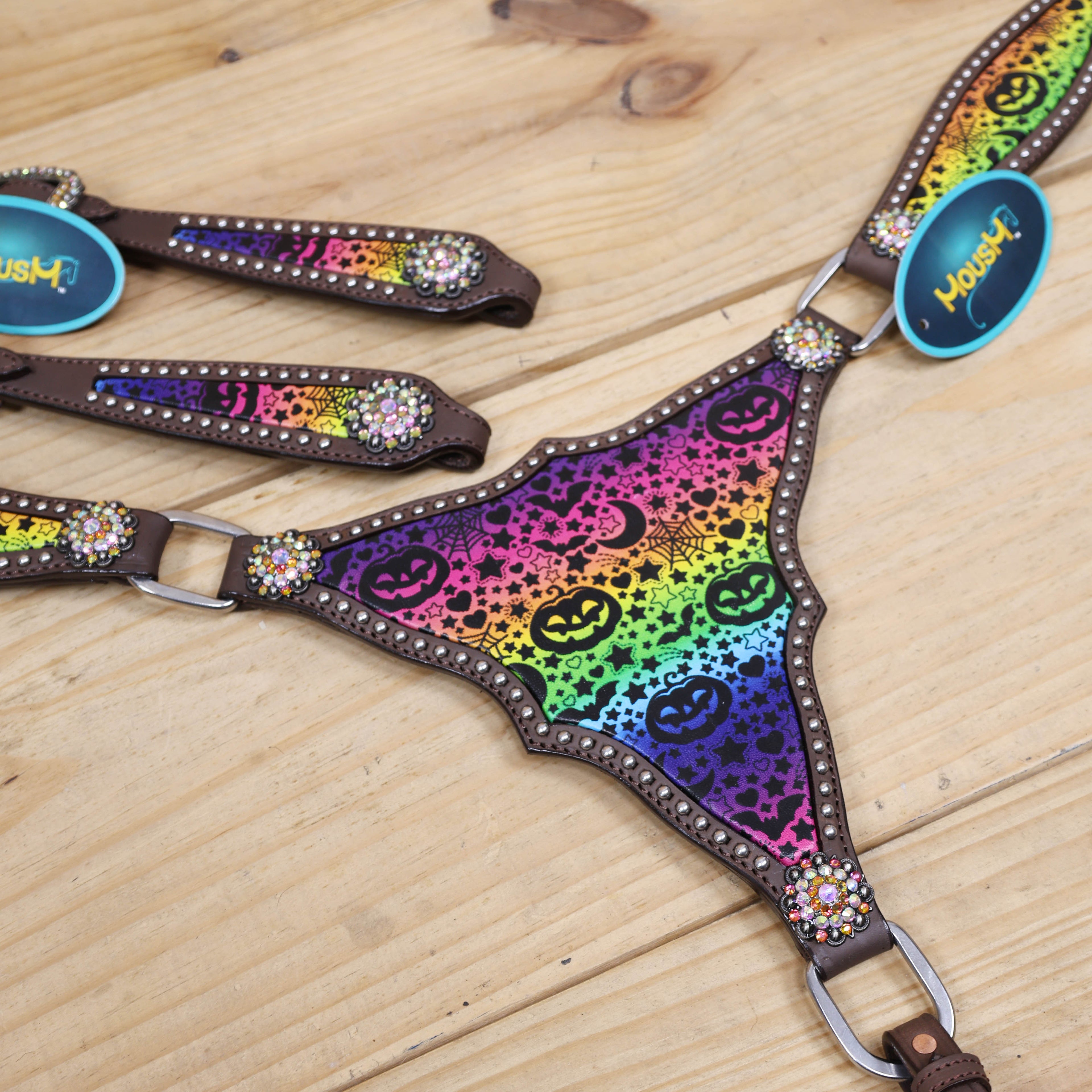 halloween style printed western headstall and breast collar with colorful festive design