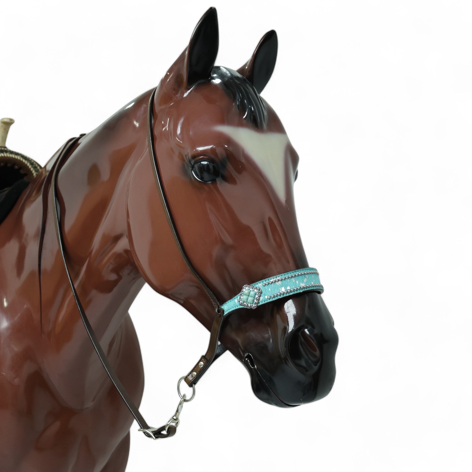 MOUSM Genuine Cow Hide Leather Tie Down Noseband with Leather Strap for Horse - Decorated with Turquoise Metallic Acid Wash Natural Hair On Cowhide and Alligator Turquoise Stone, 1 Meter Strap Length and 6/8" Inches width.