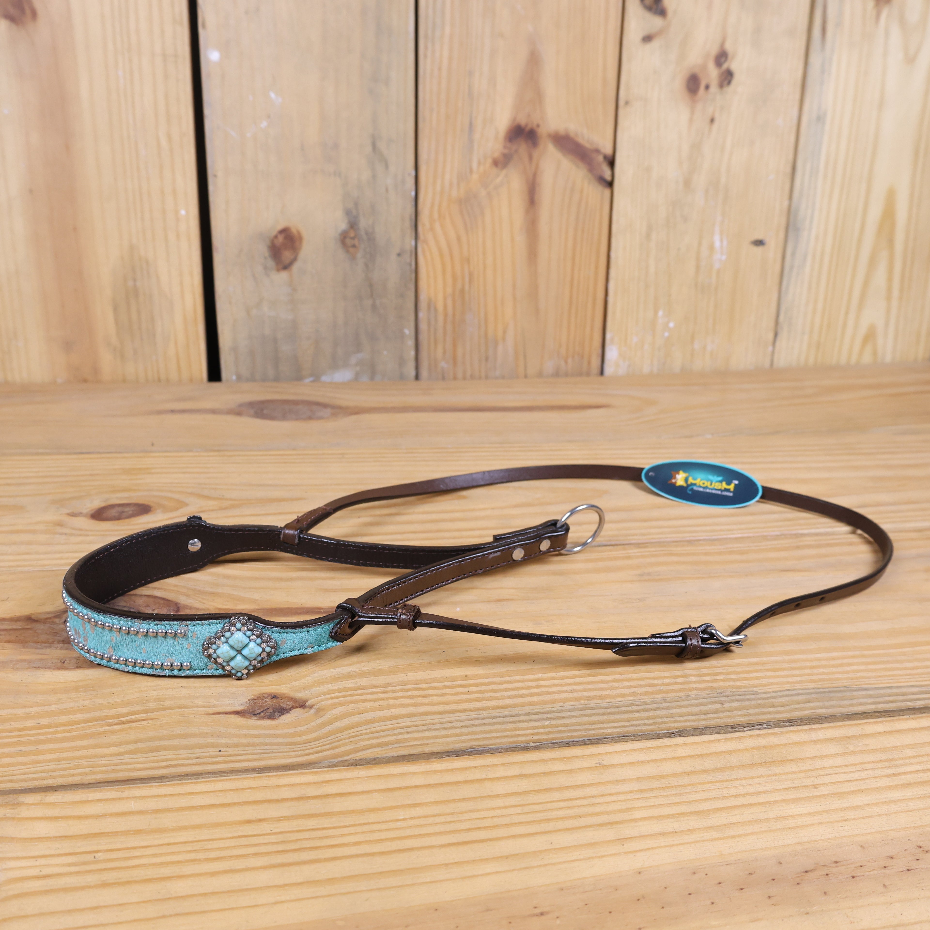 MOUSM Genuine Cow Hide Leather Tie Down Noseband with Leather Strap for Horse - Decorated with Turquoise Metallic Acid Wash Natural Hair On Cowhide and Alligator Turquoise Stone, 1 Meter Strap Length and 6/8" Inches width.