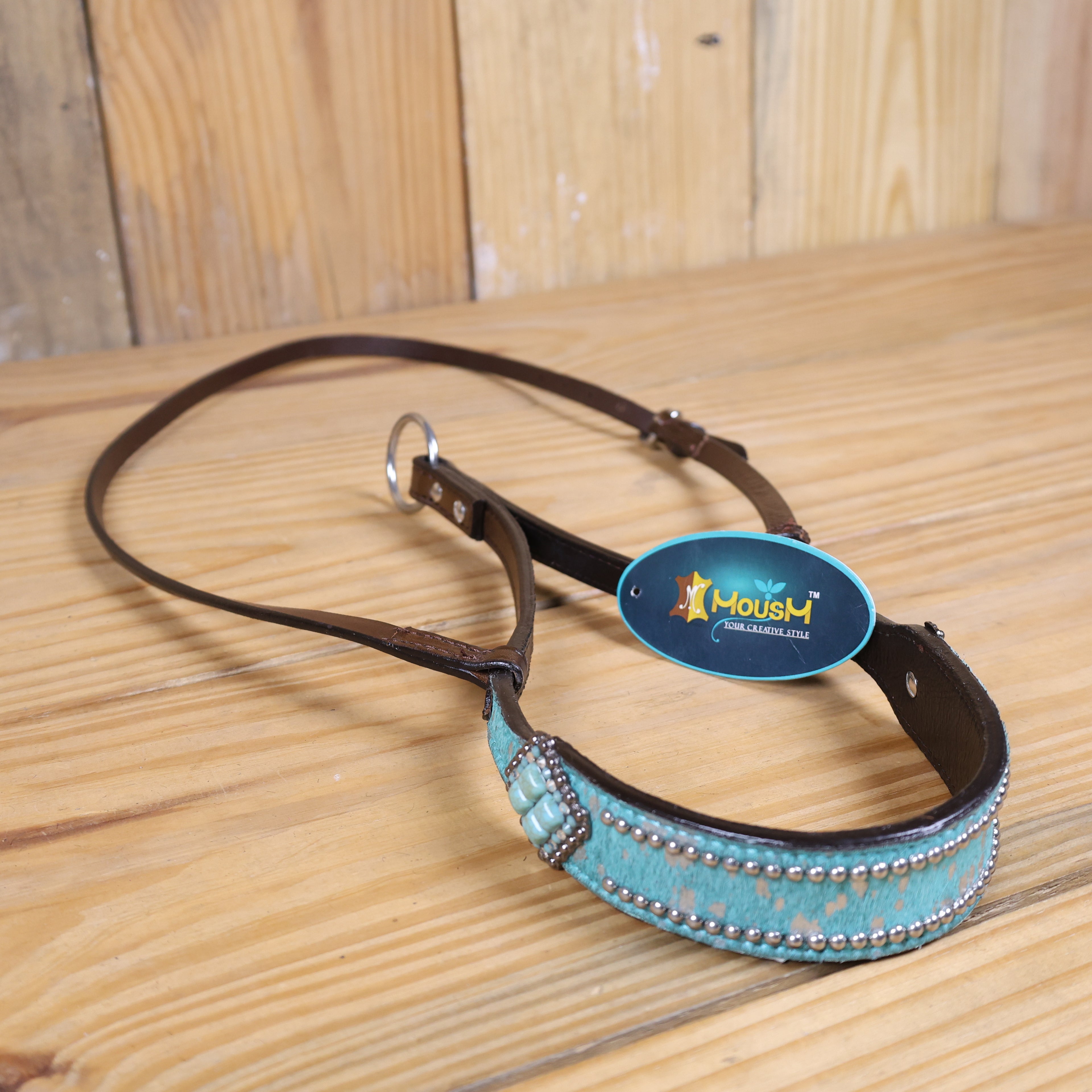 MOUSM Genuine Cow Hide Leather Tie Down Noseband with Leather Strap for Horse - Decorated with Turquoise Metallic Acid Wash Natural Hair On Cowhide and Alligator Turquoise Stone, 1 Meter Strap Length and 6/8" Inches width.