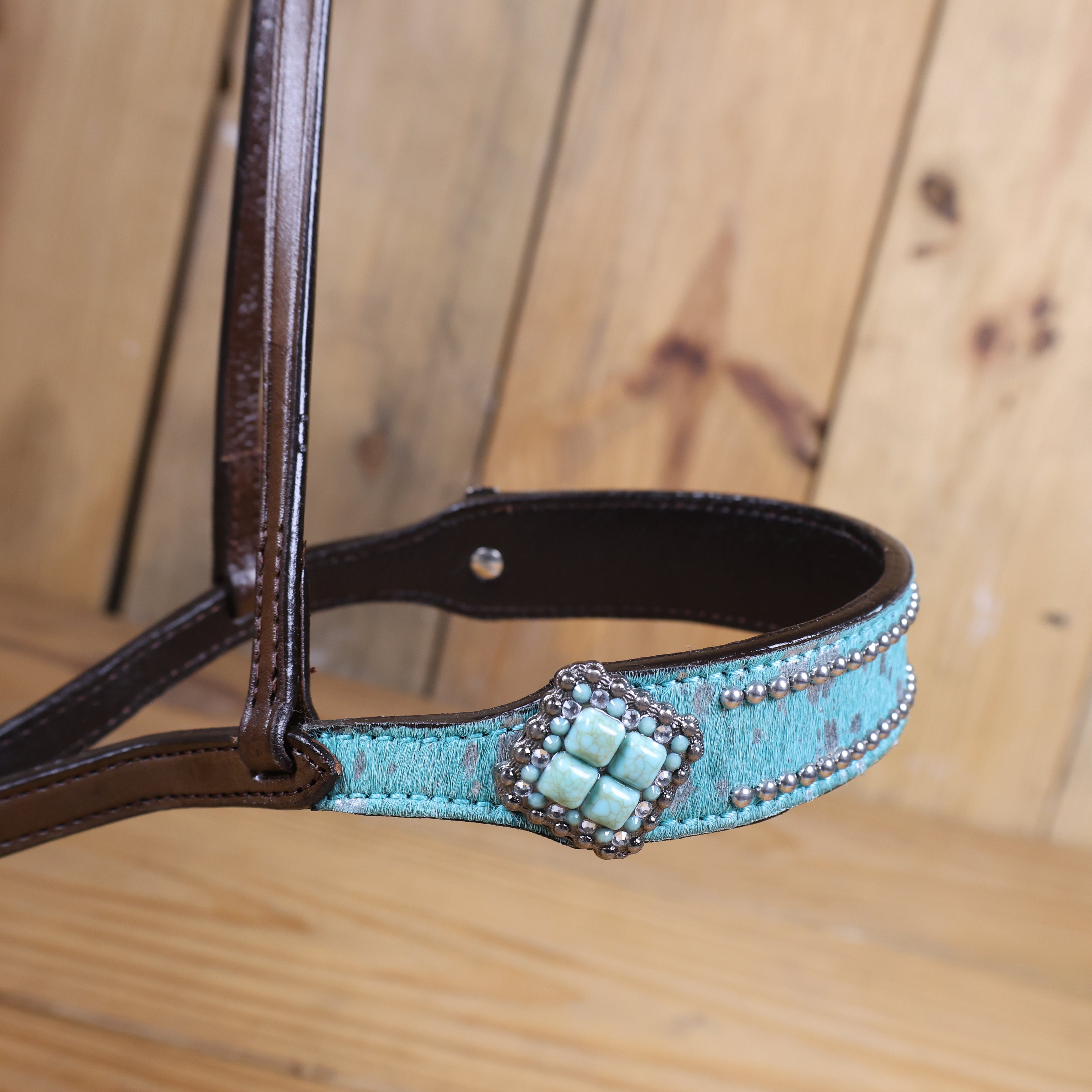 MOUSM Genuine Cow Hide Leather Tie Down Noseband with Leather Strap for Horse - Decorated with Turquoise Metallic Acid Wash Natural Hair On Cowhide and Alligator Turquoise Stone, 1 Meter Strap Length and 6/8" Inches width.