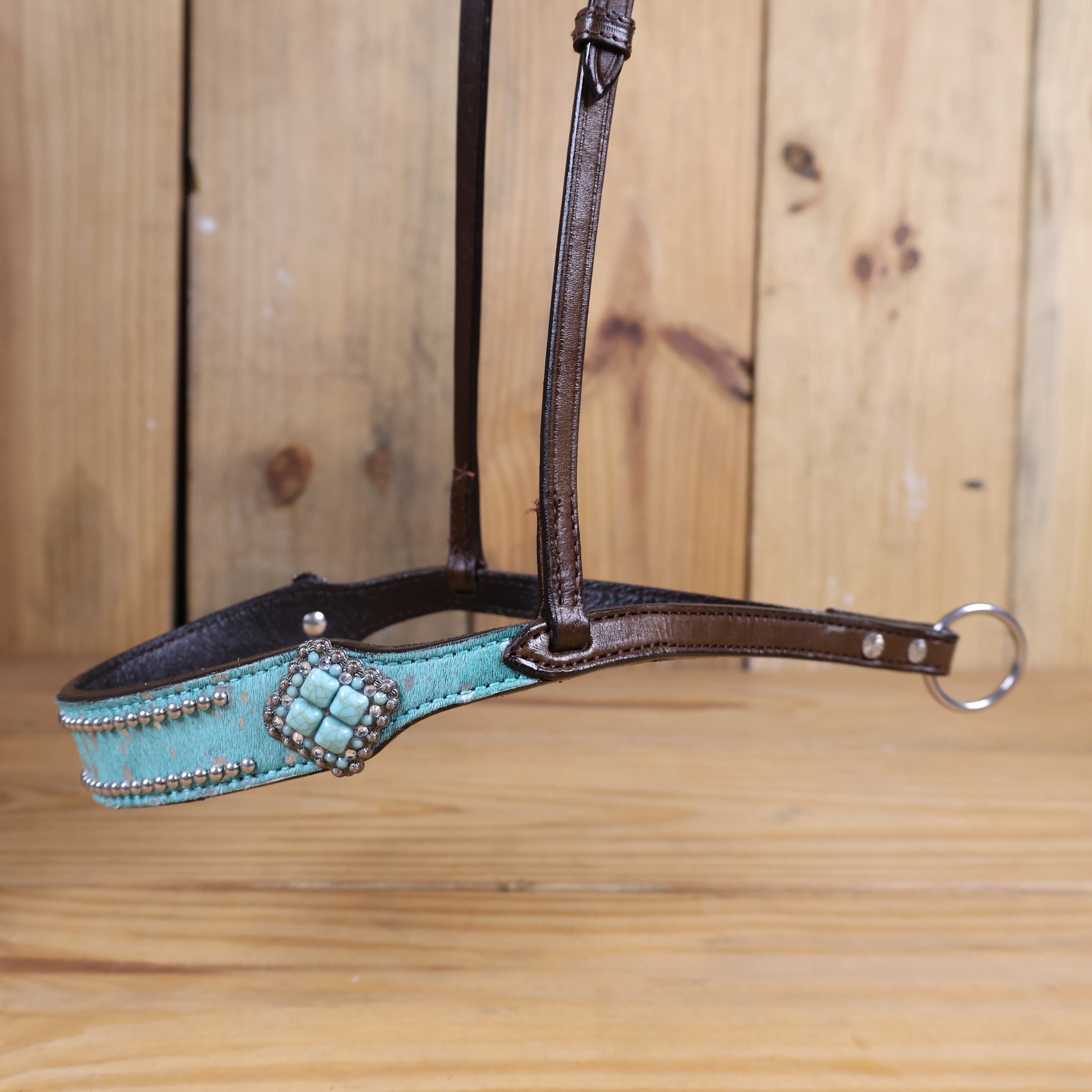 MOUSM Genuine Cow Hide Leather Tie Down Noseband with Leather Strap for Horse - Decorated with Turquoise Metallic Acid Wash Natural Hair On Cowhide and Alligator Turquoise Stone, 1 Meter Strap Length and 6/8" Inches width.