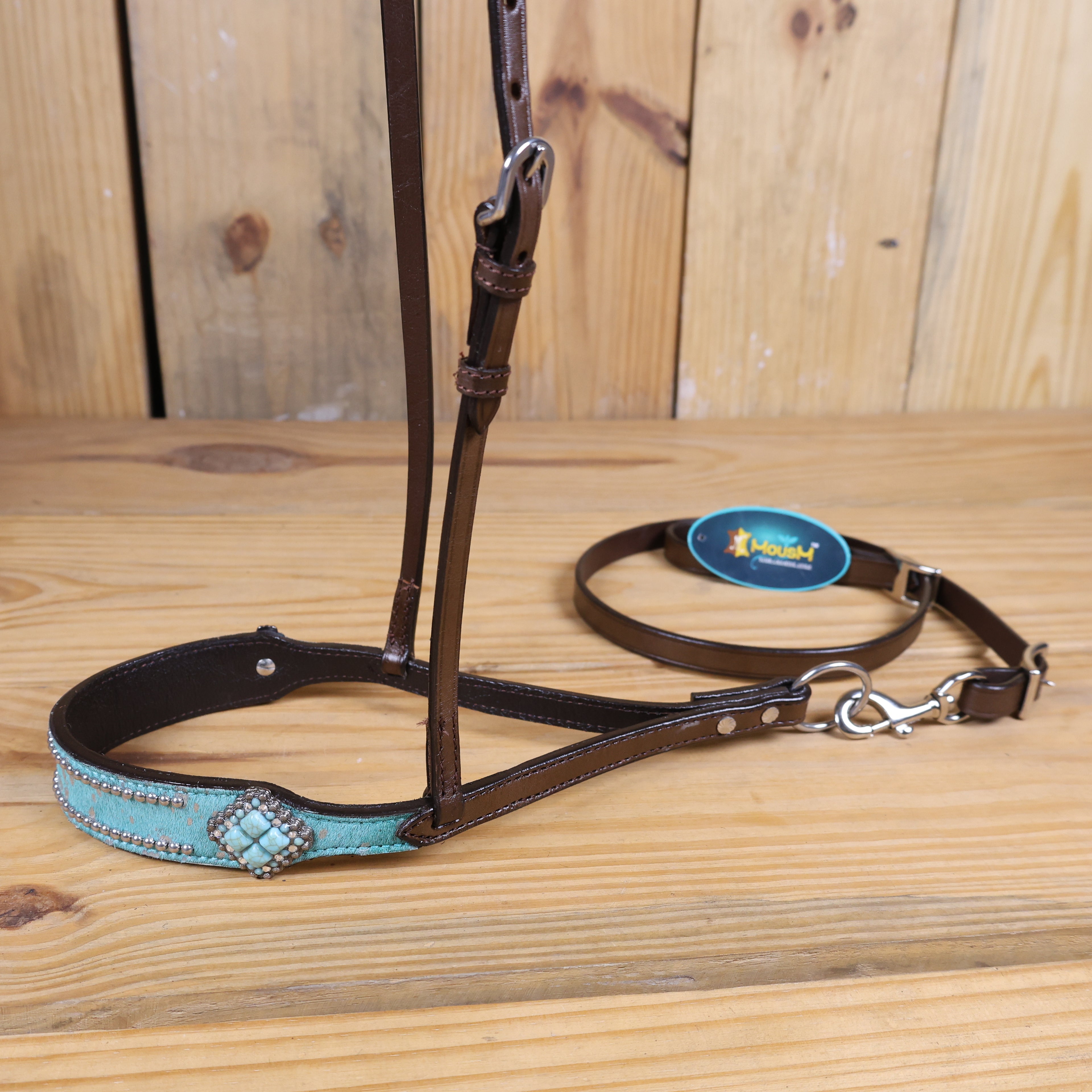 MOUSM Genuine Cow Hide Leather Tie Down Noseband with Leather Strap for Horse - Decorated with Turquoise Metallic Acid Wash Natural Hair On Cowhide and Alligator Turquoise Stone, 1 Meter Strap Length and 6/8" Inches width.
