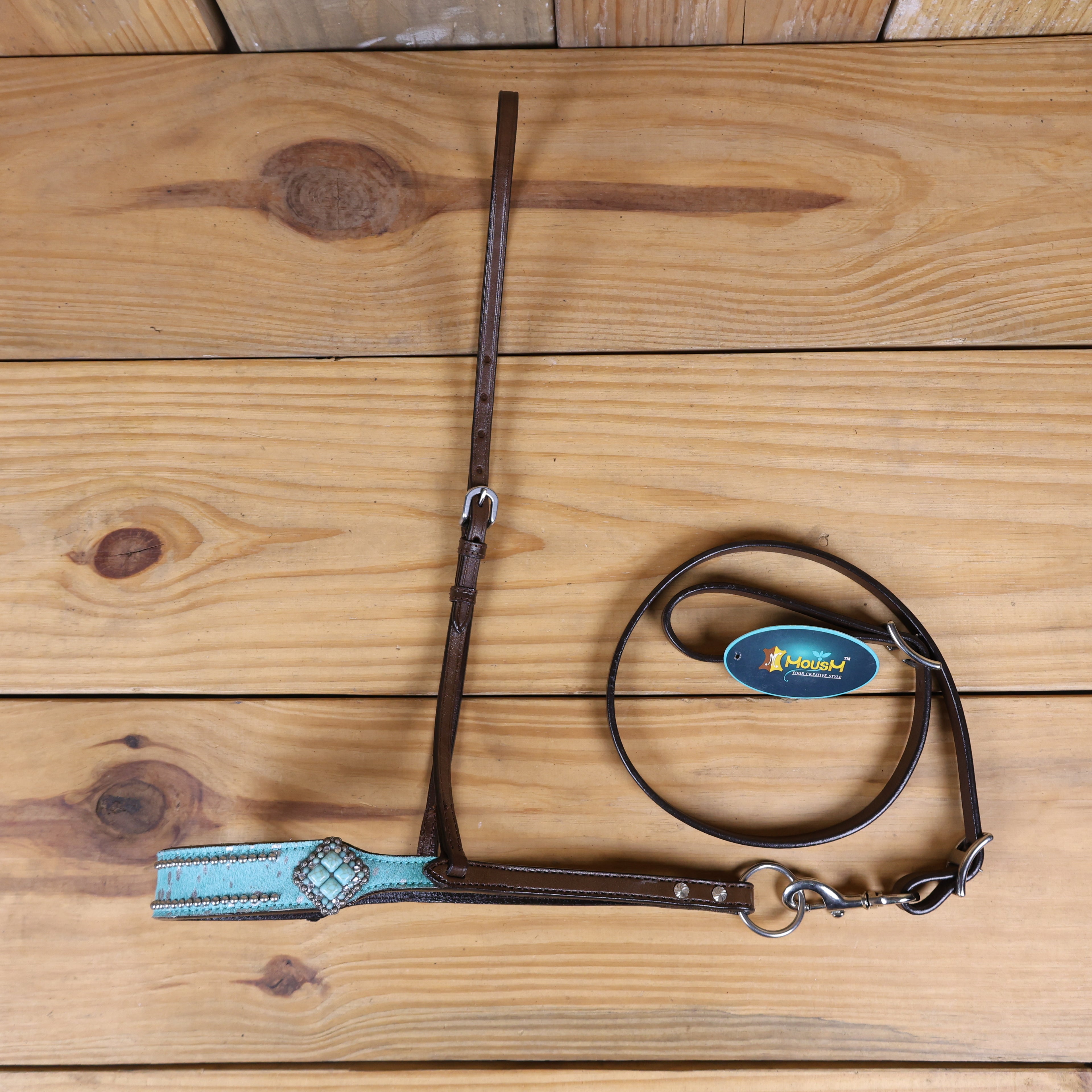 MOUSM Genuine Cow Hide Leather Tie Down Noseband with Leather Strap for Horse - Decorated with Turquoise Metallic Acid Wash Natural Hair On Cowhide and Alligator Turquoise Stone, 1 Meter Strap Length and 6/8" Inches width.