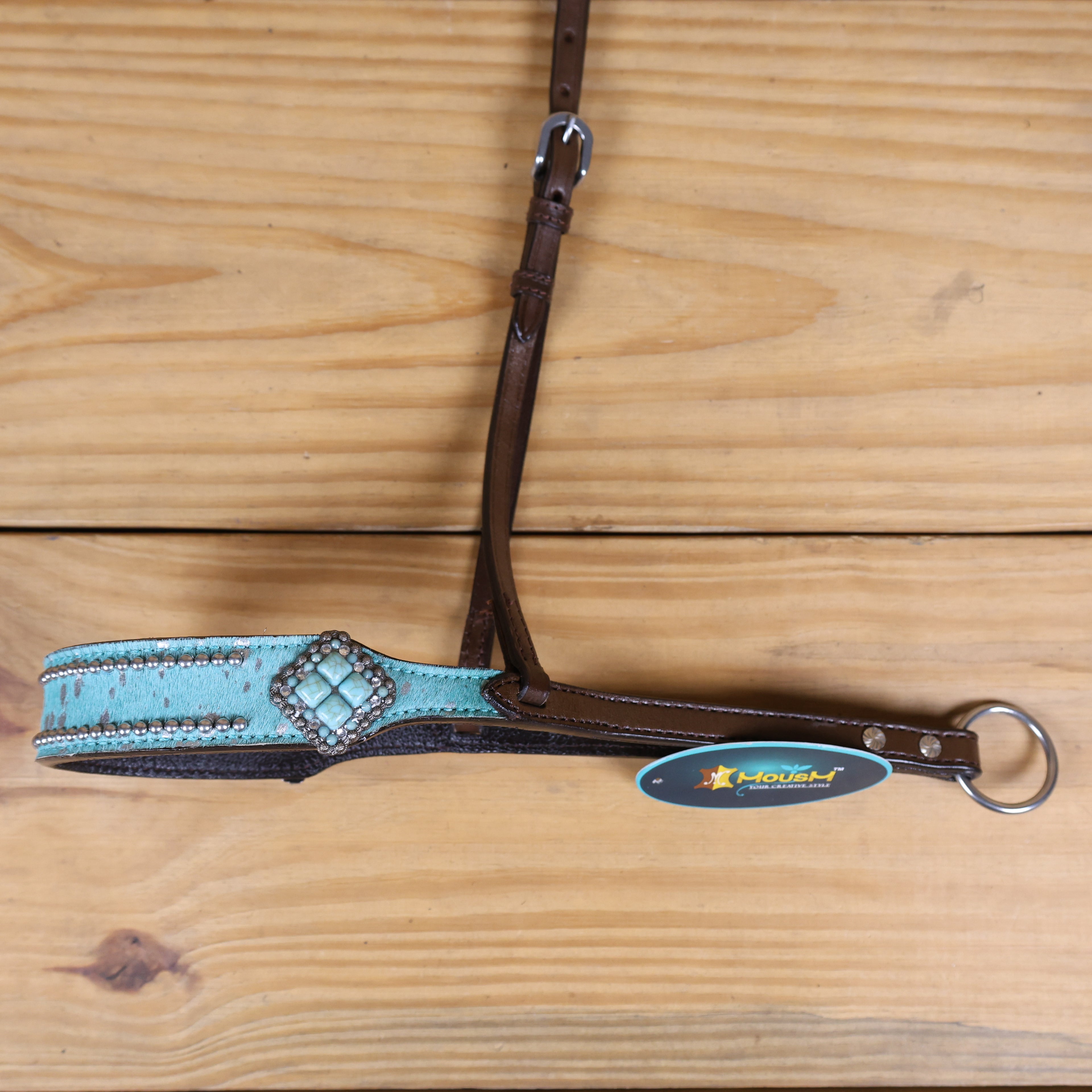 MOUSM Genuine Cow Hide Leather Tie Down Noseband with Leather Strap for Horse - Decorated with Turquoise Metallic Acid Wash Natural Hair On Cowhide and Alligator Turquoise Stone, 1 Meter Strap Length and 6/8" Inches width.