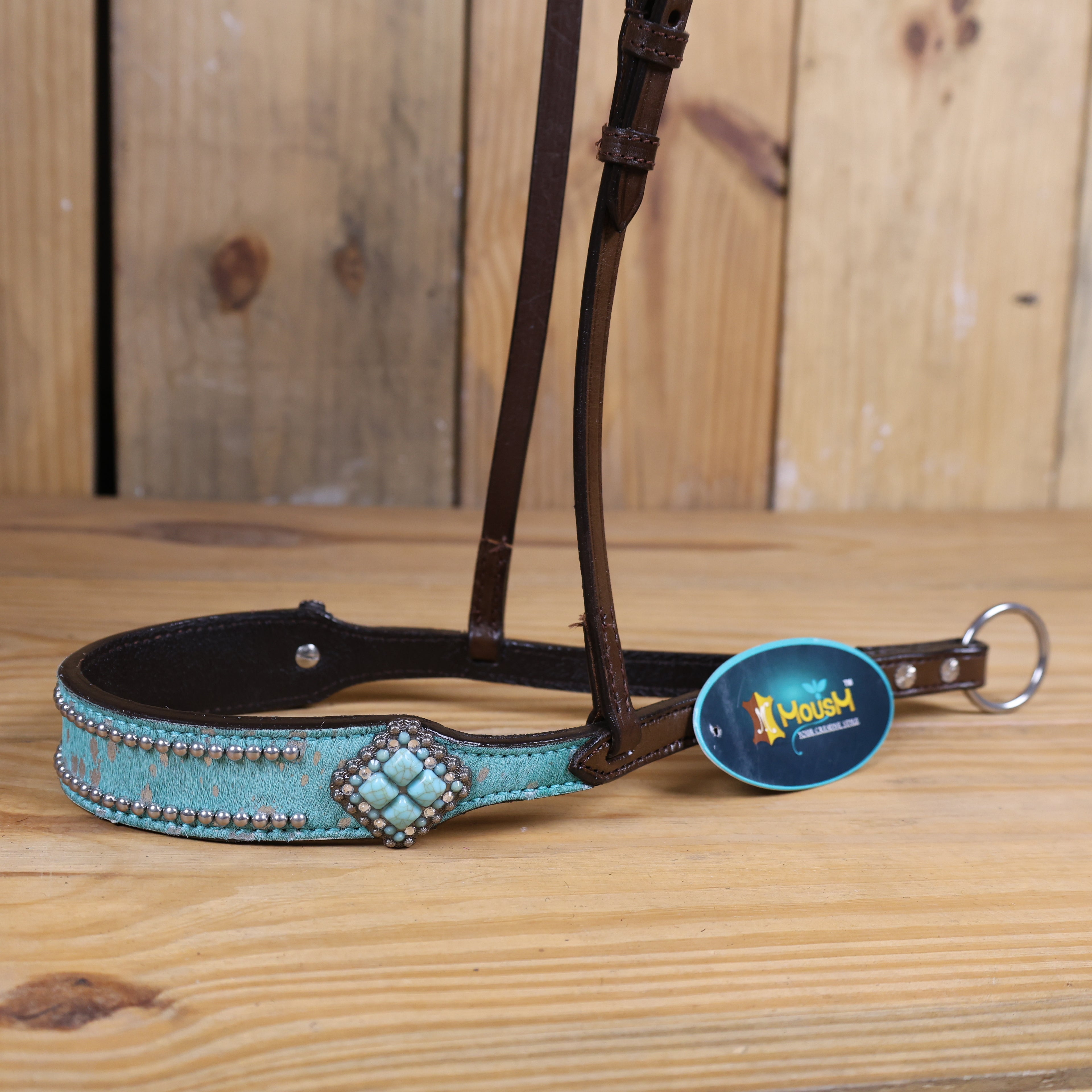 MOUSM Genuine Cow Hide Leather Tie Down Noseband with Leather Strap for Horse - Decorated with Turquoise Metallic Acid Wash Natural Hair On Cowhide and Alligator Turquoise Stone, 1 Meter Strap Length and 6/8" Inches width.
