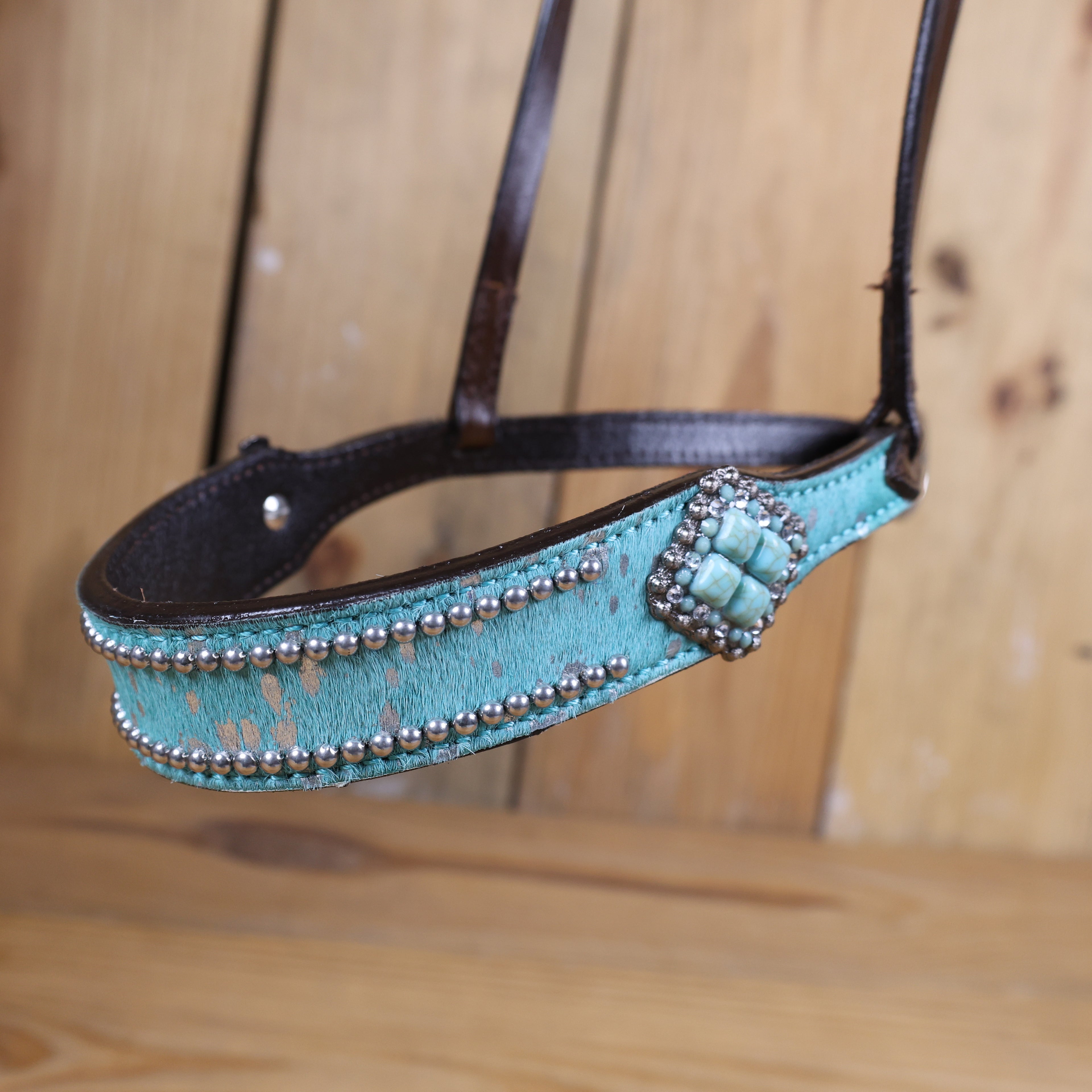 MOUSM Genuine Cow Hide Leather Tie Down Noseband with Leather Strap for Horse - Decorated with Turquoise Metallic Acid Wash Natural Hair On Cowhide and Alligator Turquoise Stone, 1 Meter Strap Length and 6/8" Inches width.