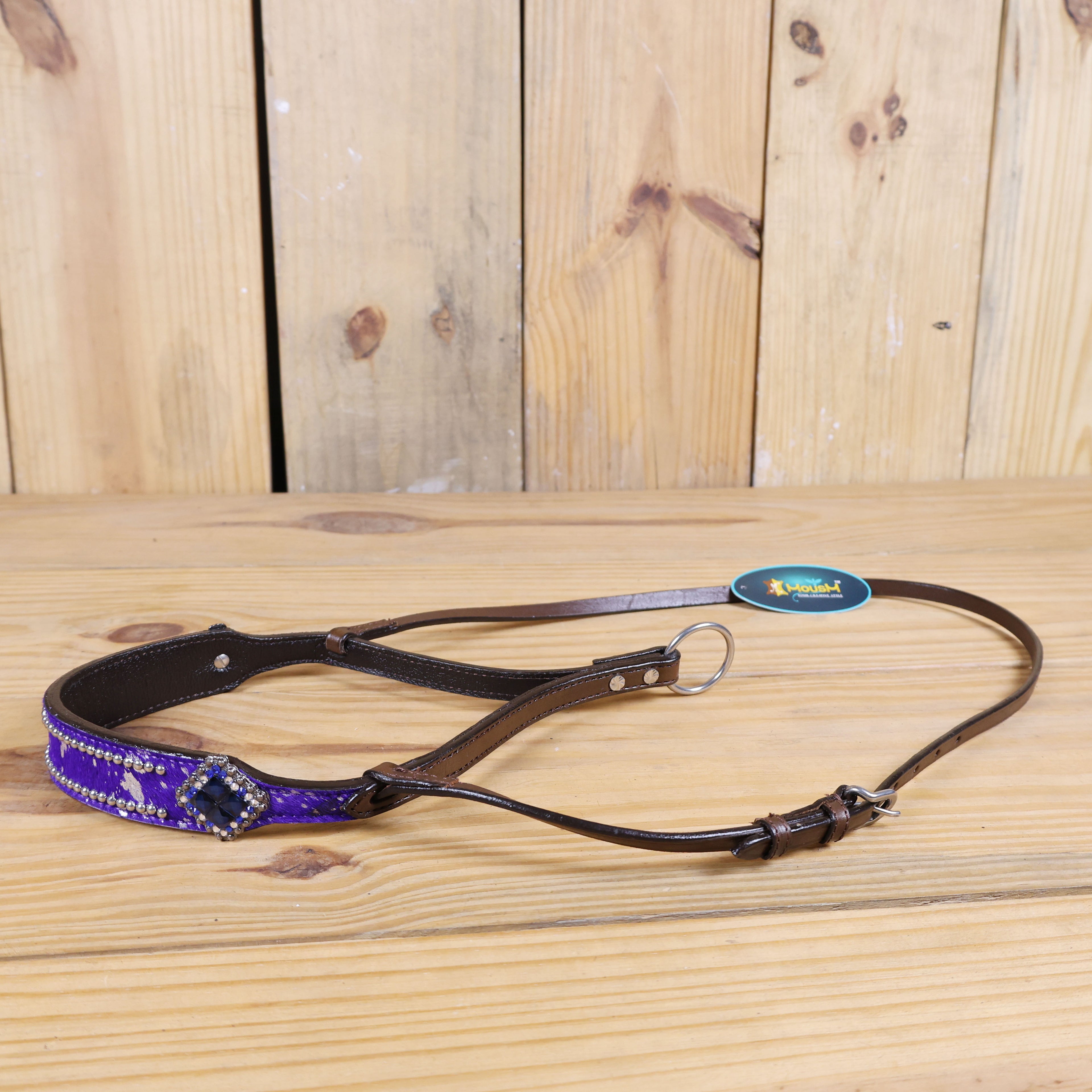 MOUSM Genuine Cow Hide Leather Tie Down Noseband with Leather Strap for Horse - Decorated with Purple Metallic Acid Wash Natural Hair On Cowhide and Rhinestone Conchos, 1 Meter Strap Length and 6/8" Inches width.