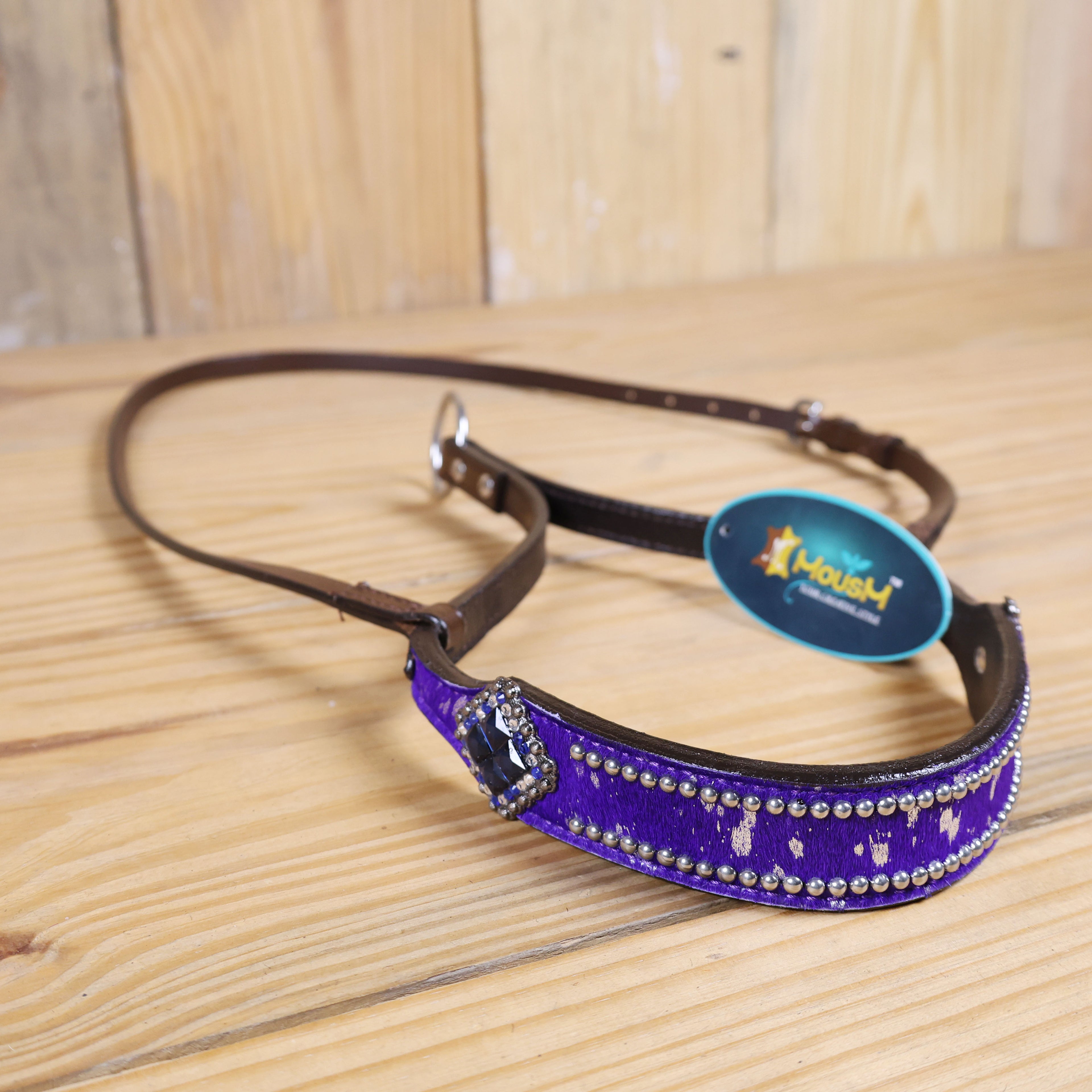 MOUSM Genuine Cow Hide Leather Tie Down Noseband with Leather Strap for Horse - Decorated with Purple Metallic Acid Wash Natural Hair On Cowhide and Rhinestone Conchos, 1 Meter Strap Length and 6/8" Inches width.