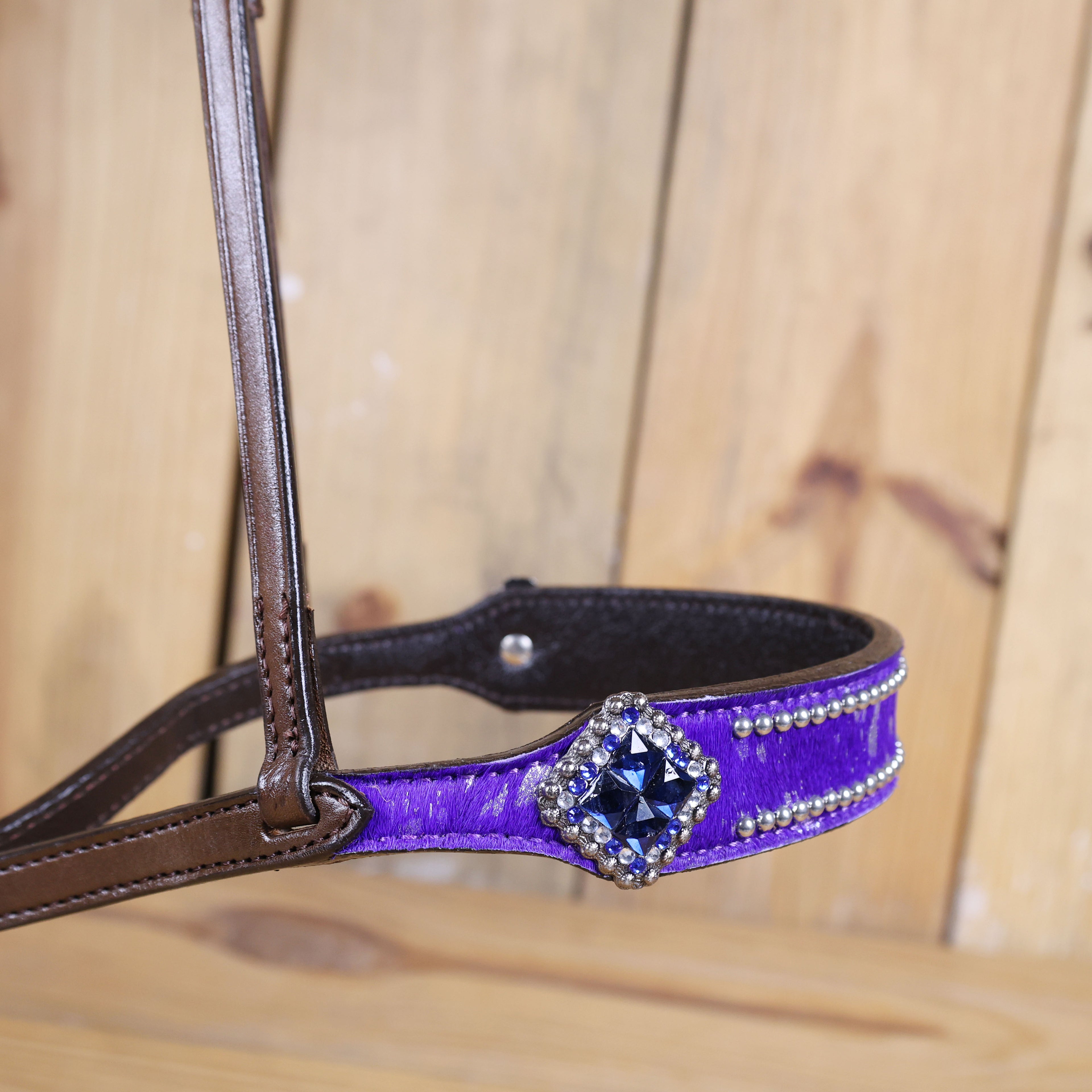 MOUSM Genuine Cow Hide Leather Tie Down Noseband with Leather Strap for Horse - Decorated with Purple Metallic Acid Wash Natural Hair On Cowhide and Rhinestone Conchos, 1 Meter Strap Length and 6/8" Inches width.
