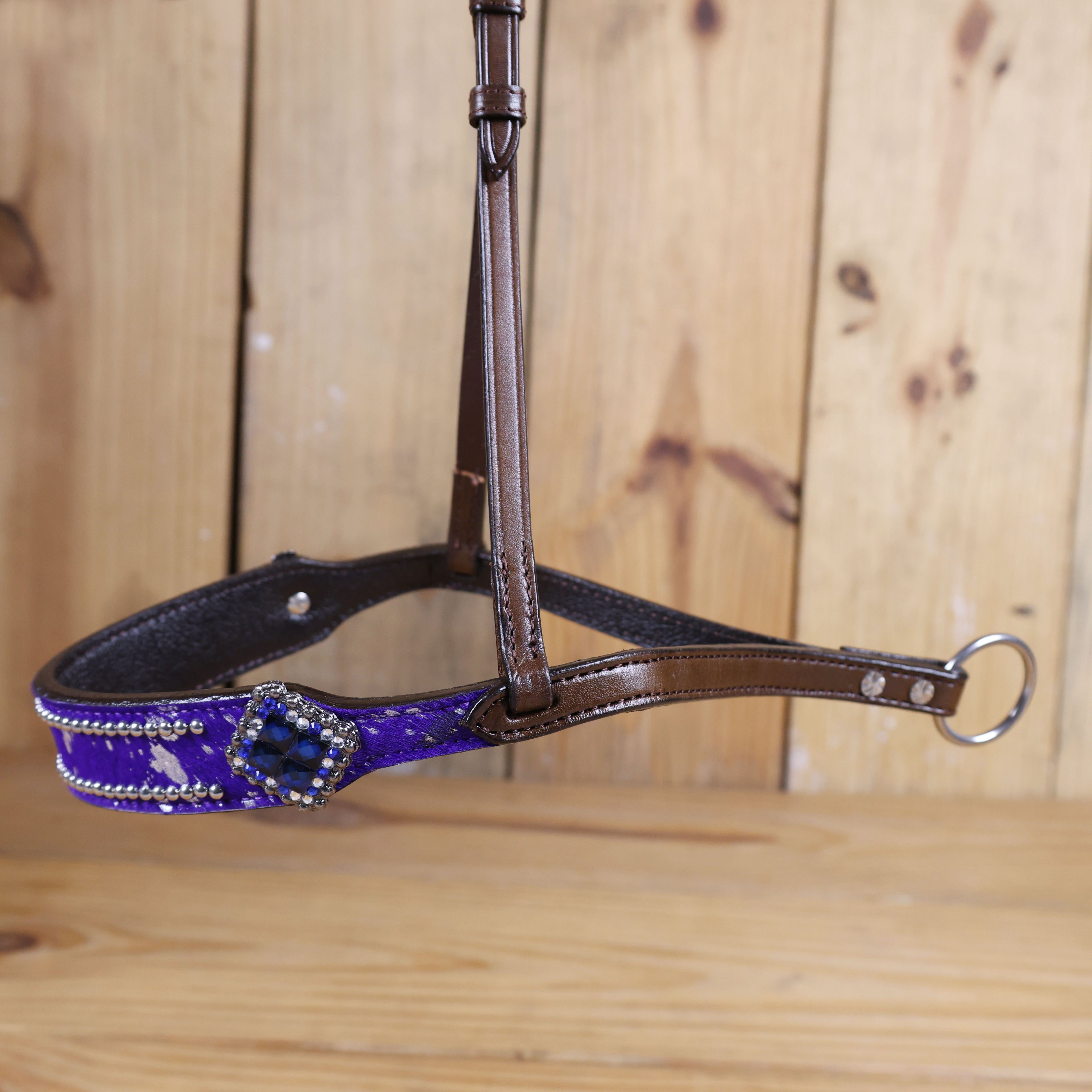MOUSM Genuine Cow Hide Leather Tie Down Noseband with Leather Strap for Horse - Decorated with Purple Metallic Acid Wash Natural Hair On Cowhide and Rhinestone Conchos, 1 Meter Strap Length and 6/8" Inches width.