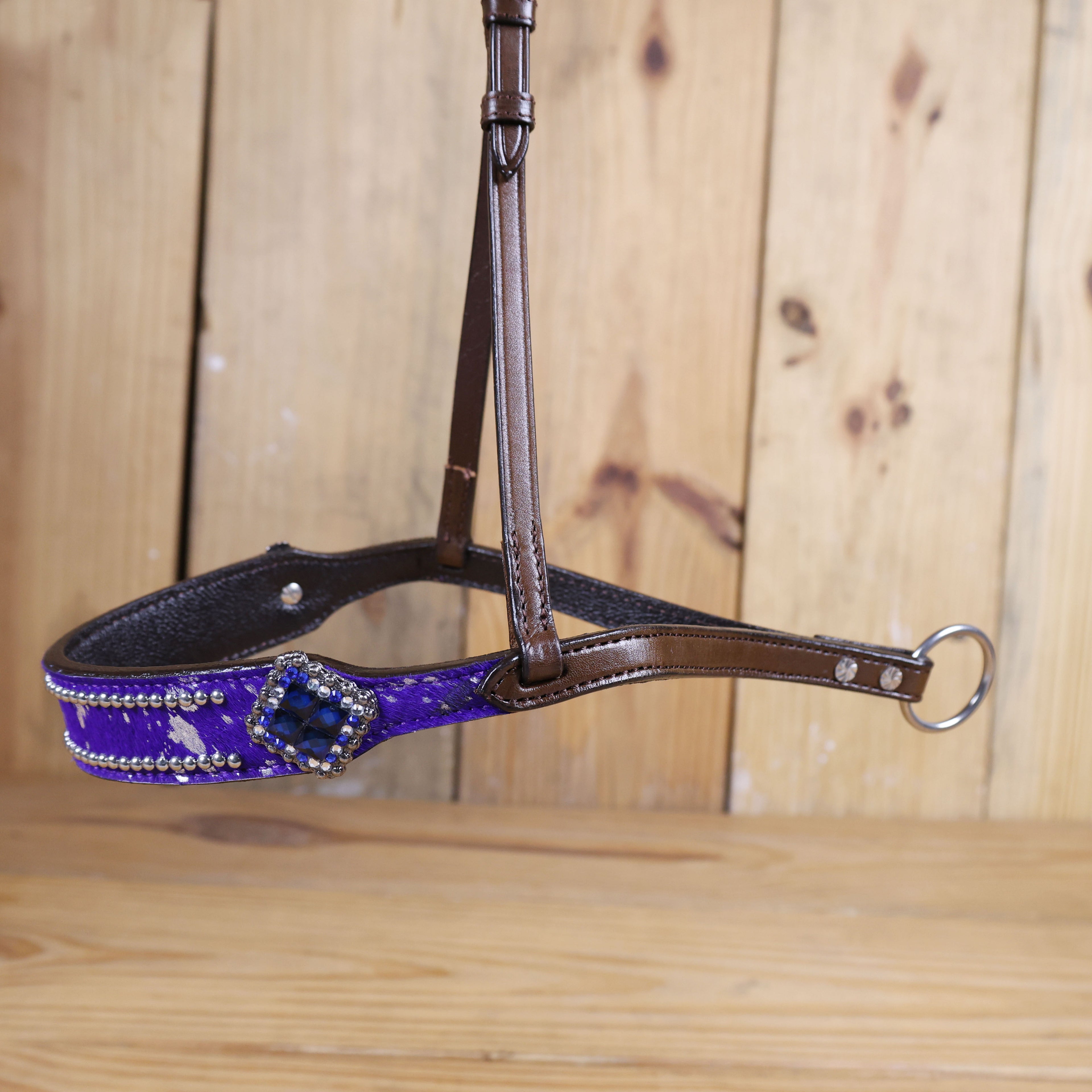 MOUSM Genuine Cow Hide Leather Tie Down Noseband with Leather Strap for Horse - Decorated with Purple Metallic Acid Wash Natural Hair On Cowhide and Rhinestone Conchos, 1 Meter Strap Length and 6/8" Inches width.