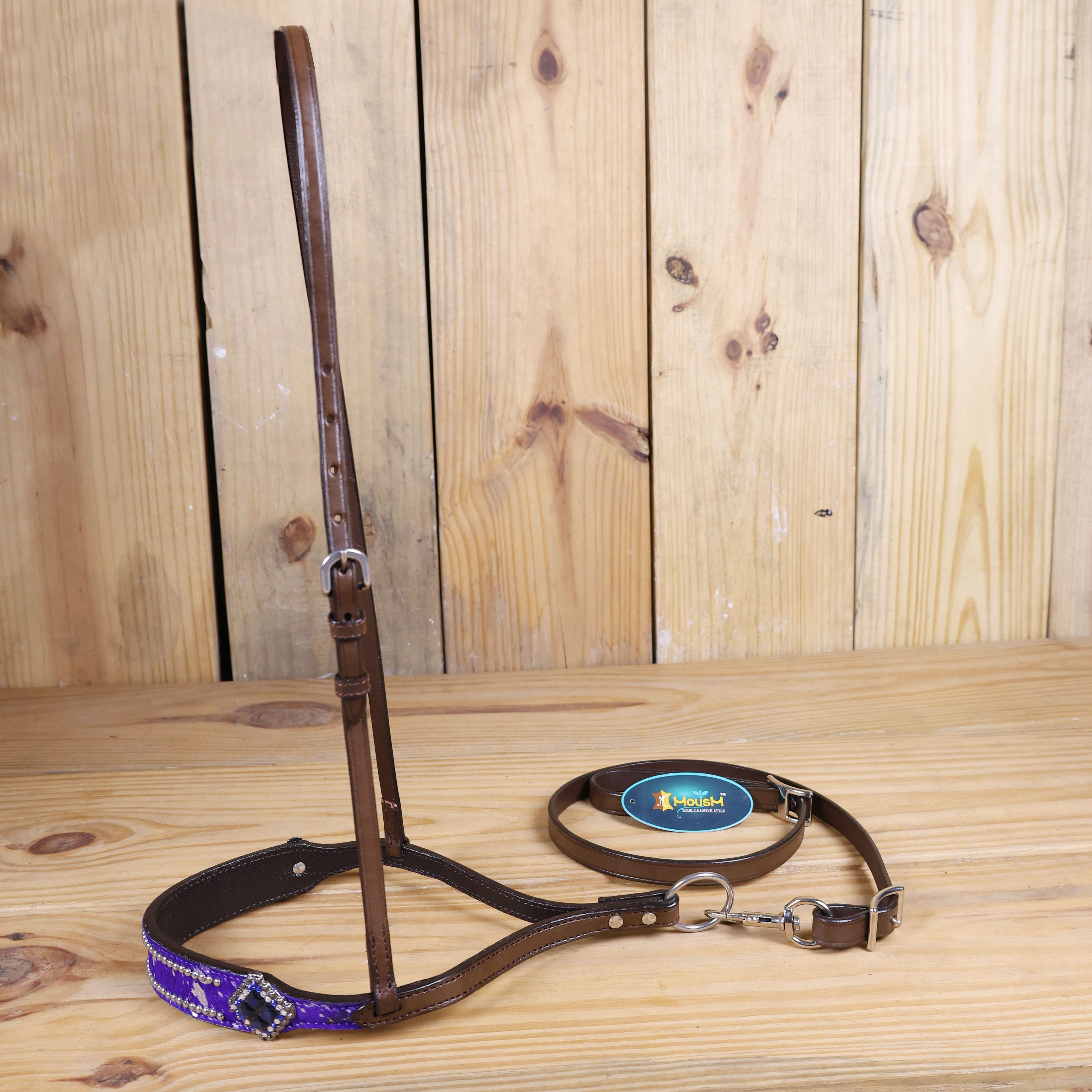 MOUSM Genuine Cow Hide Leather Tie Down Noseband with Leather Strap for Horse - Decorated with Purple Metallic Acid Wash Natural Hair On Cowhide and Rhinestone Conchos, 1 Meter Strap Length and 6/8" Inches width.