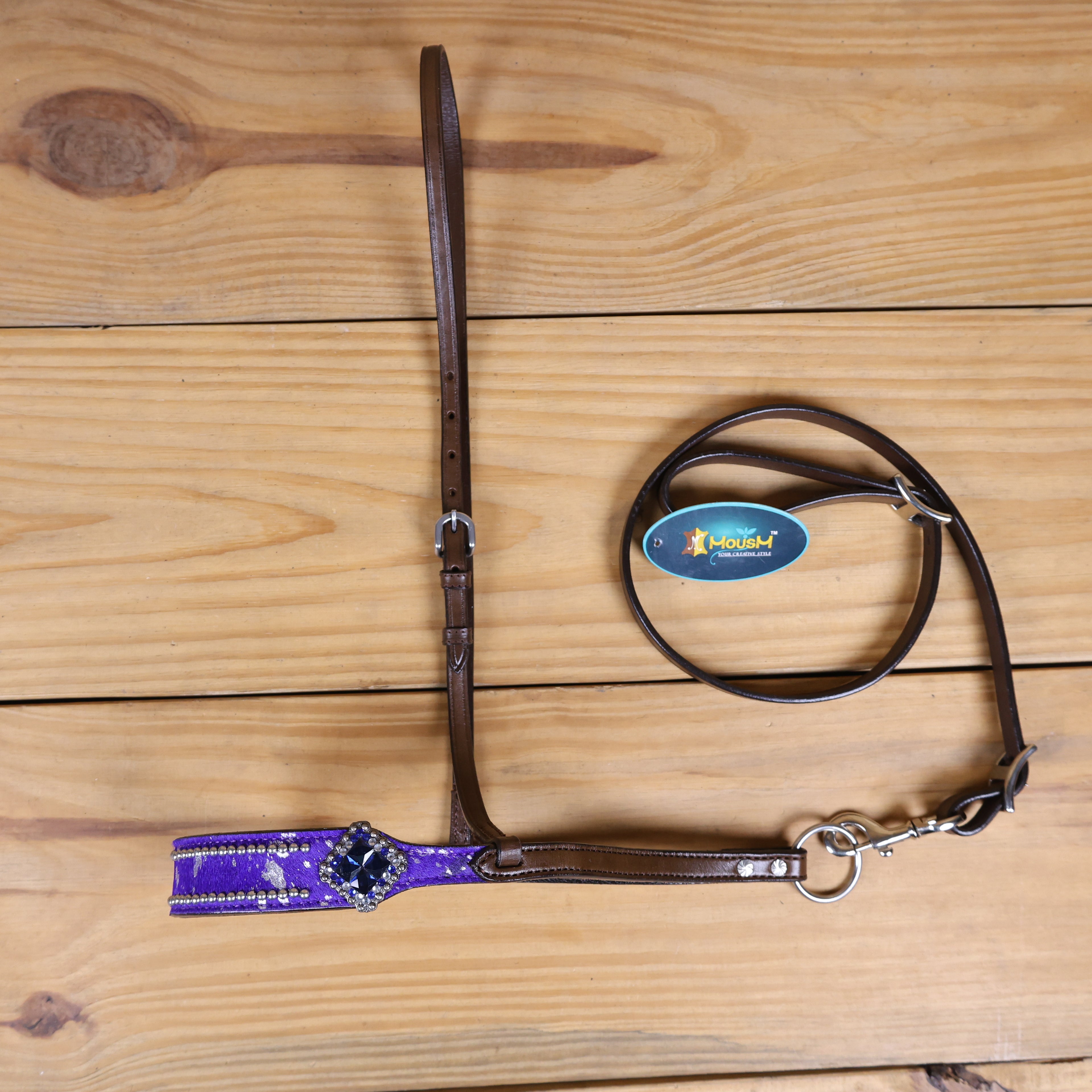 MOUSM Genuine Cow Hide Leather Tie Down Noseband with Leather Strap for Horse - Decorated with Purple Metallic Acid Wash Natural Hair On Cowhide and Rhinestone Conchos, 1 Meter Strap Length and 6/8" Inches width.
