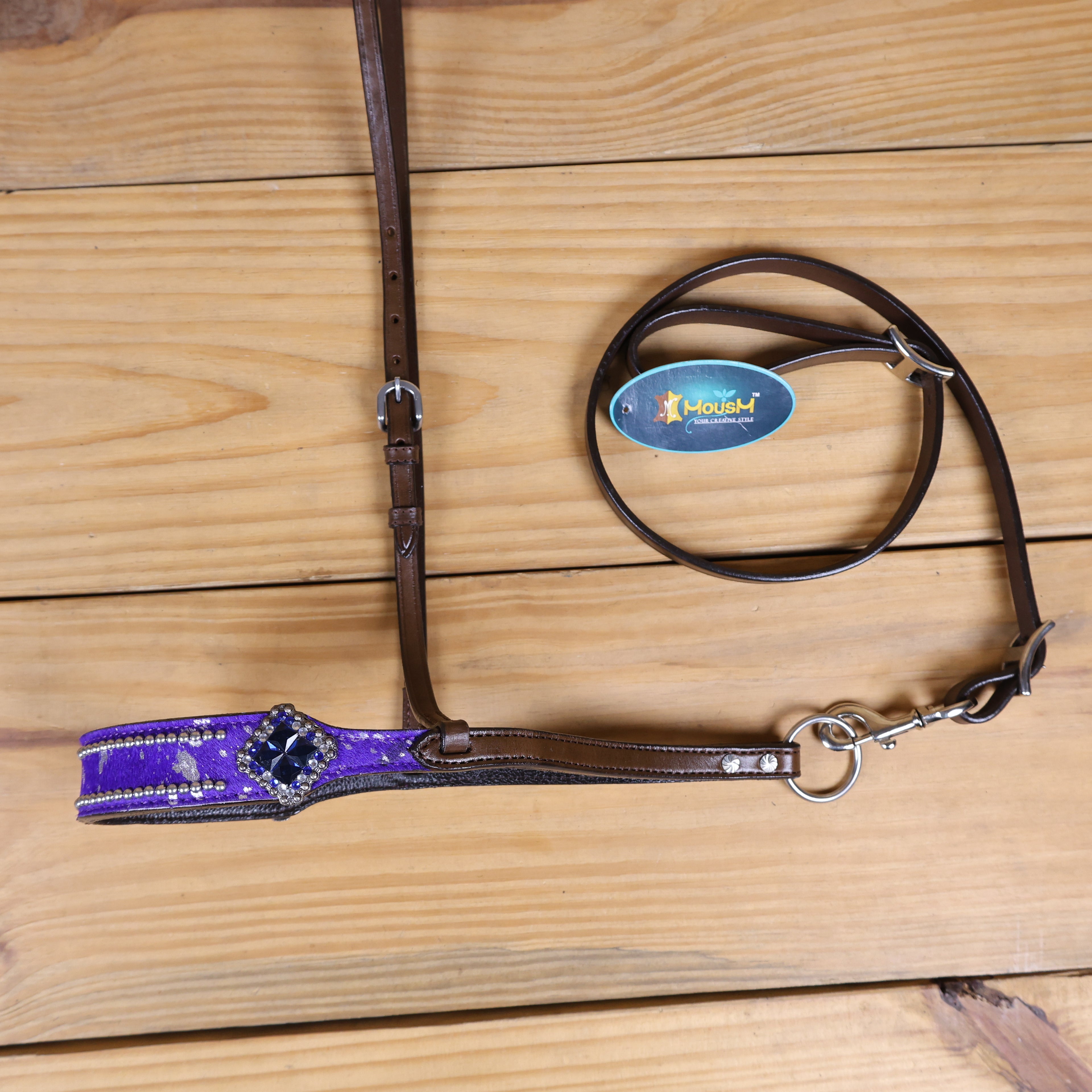 MOUSM Genuine Cow Hide Leather Tie Down Noseband with Leather Strap for Horse - Decorated with Purple Metallic Acid Wash Natural Hair On Cowhide and Rhinestone Conchos, 1 Meter Strap Length and 6/8" Inches width.