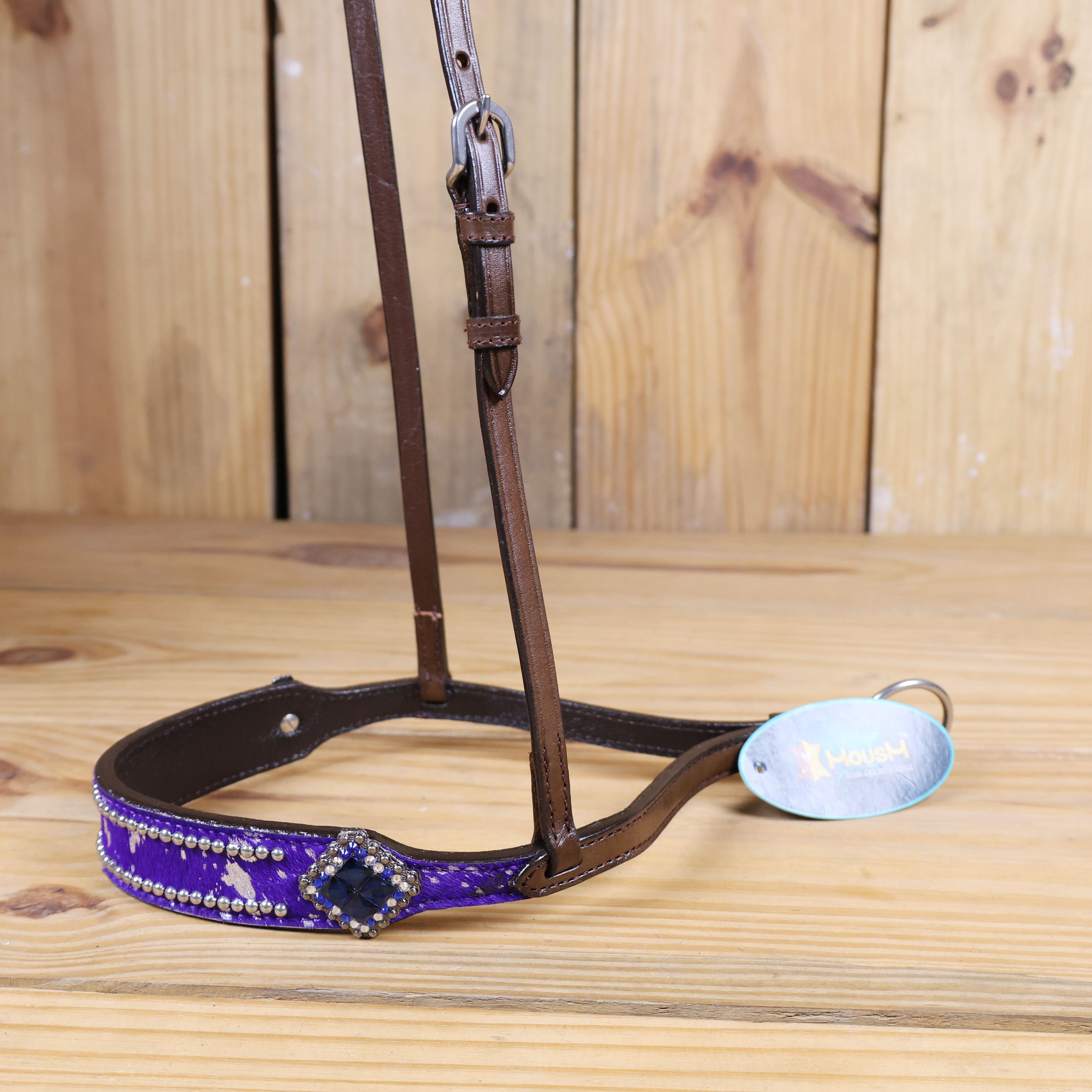 MOUSM Genuine Cow Hide Leather Tie Down Noseband with Leather Strap for Horse - Decorated with Purple Metallic Acid Wash Natural Hair On Cowhide and Rhinestone Conchos, 1 Meter Strap Length and 6/8" Inches width.