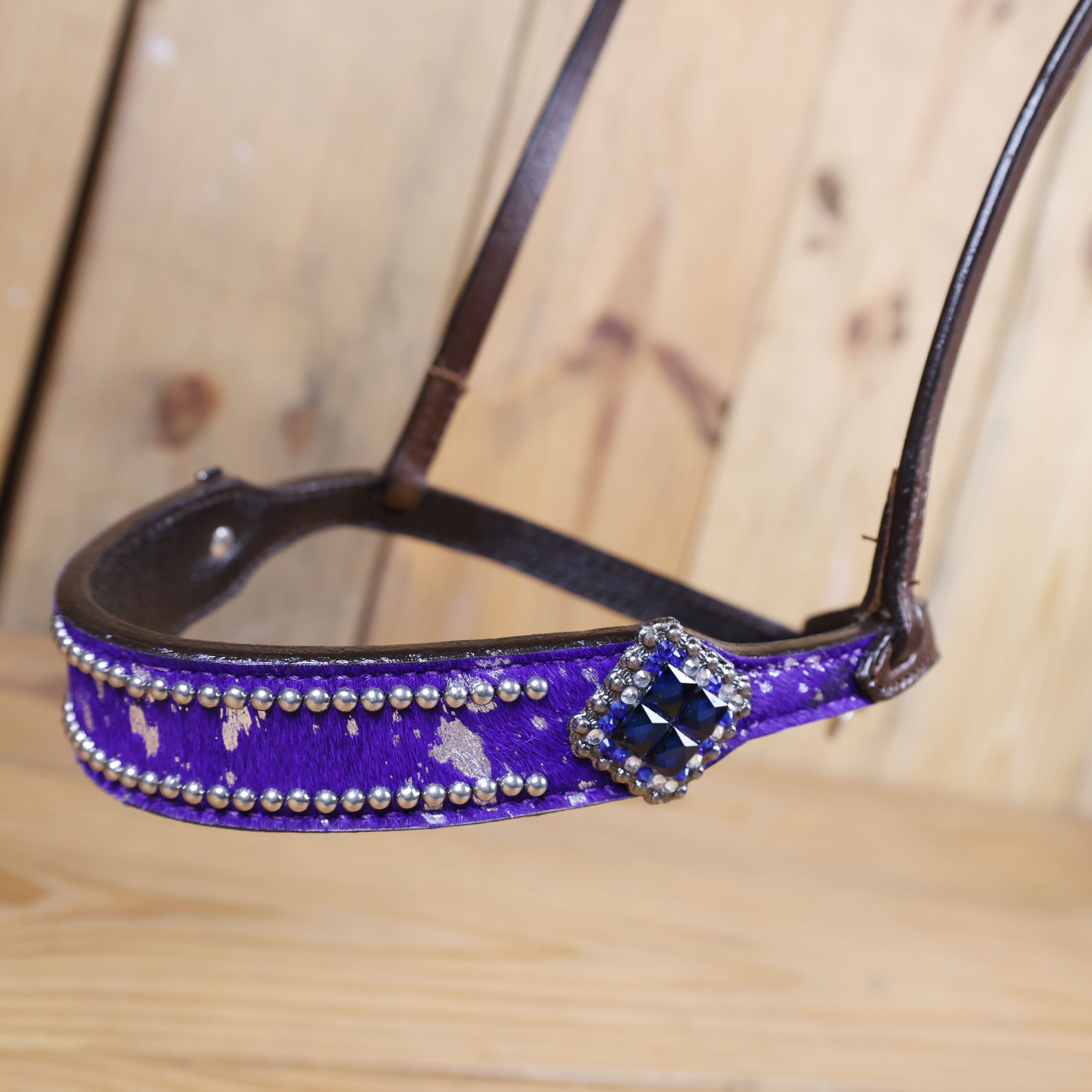 MOUSM Genuine Cow Hide Leather Tie Down Noseband with Leather Strap for Horse - Decorated with Purple Metallic Acid Wash Natural Hair On Cowhide and Rhinestone Conchos, 1 Meter Strap Length and 6/8" Inches width.