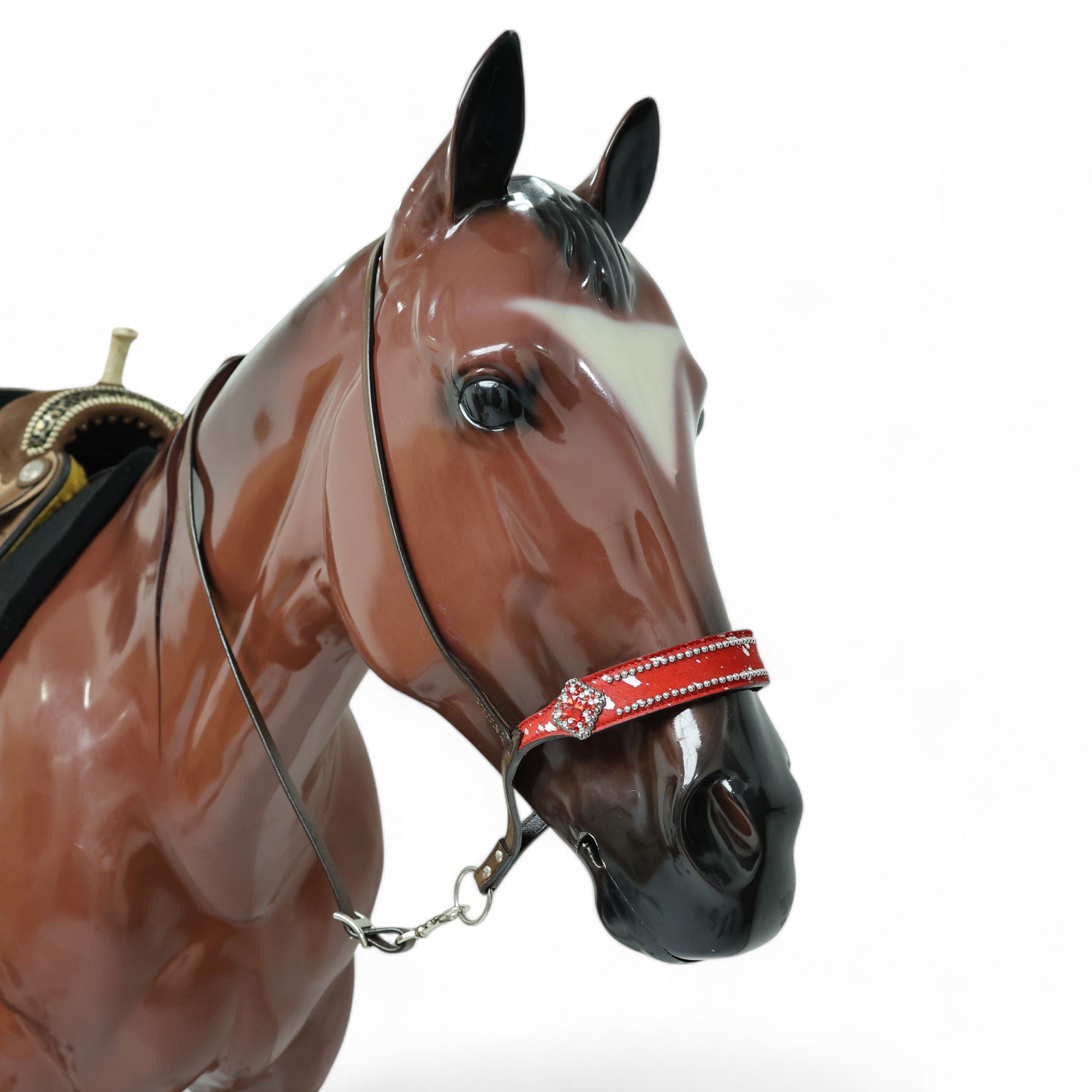 MOUSM Genuine Cow Hide Leather Tie Down Noseband with Leather Strap for Horse - Decorated with Red Metallic Acid Wash Natural Hair On Cowhide and Rhinestone Conchos, 1 Meter Strap Length and 6/8" Inches width.
