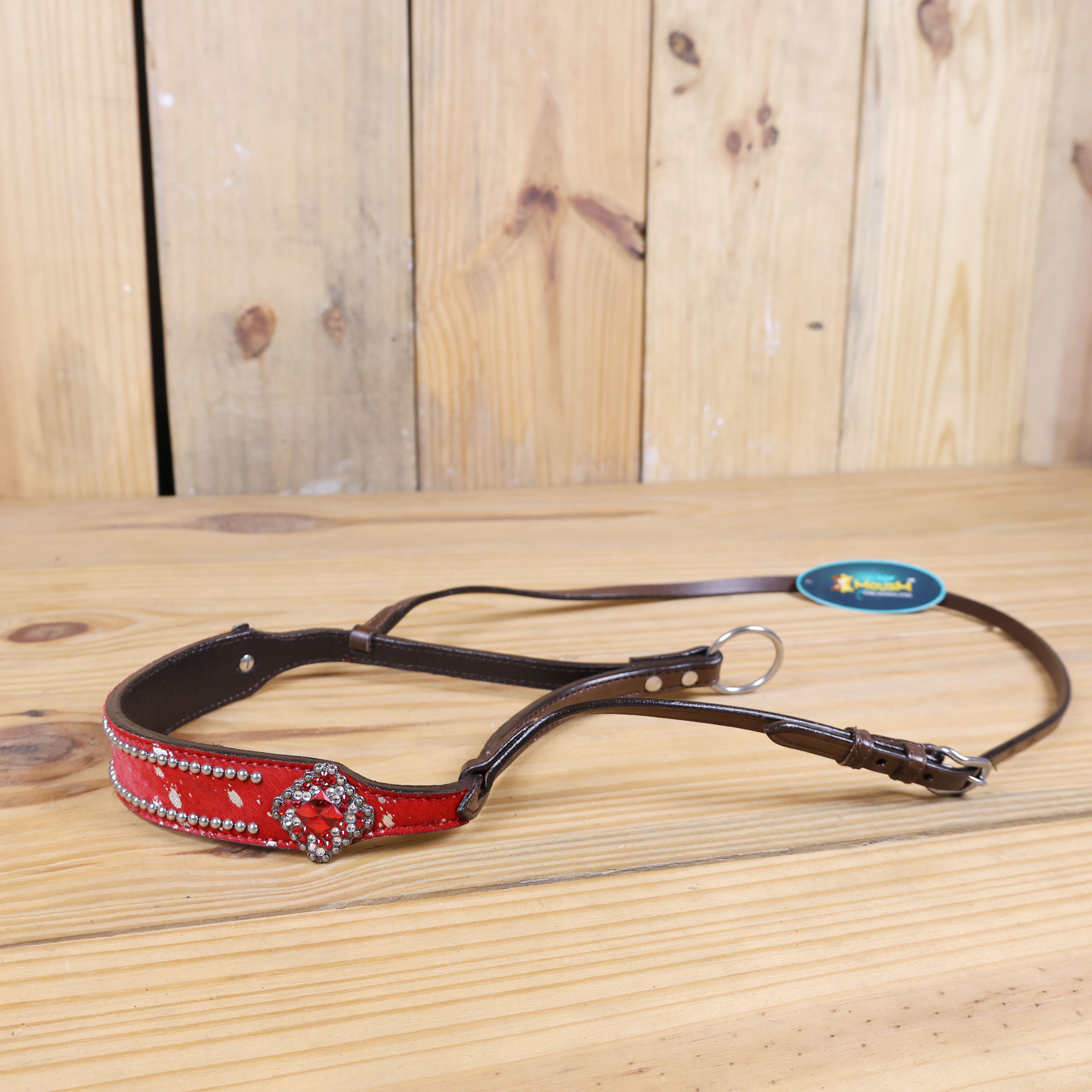 MOUSM Genuine Cow Hide Leather Tie Down Noseband with Leather Strap for Horse - Decorated with Red Metallic Acid Wash Natural Hair On Cowhide and Rhinestone Conchos, 1 Meter Strap Length and 6/8" Inches width.