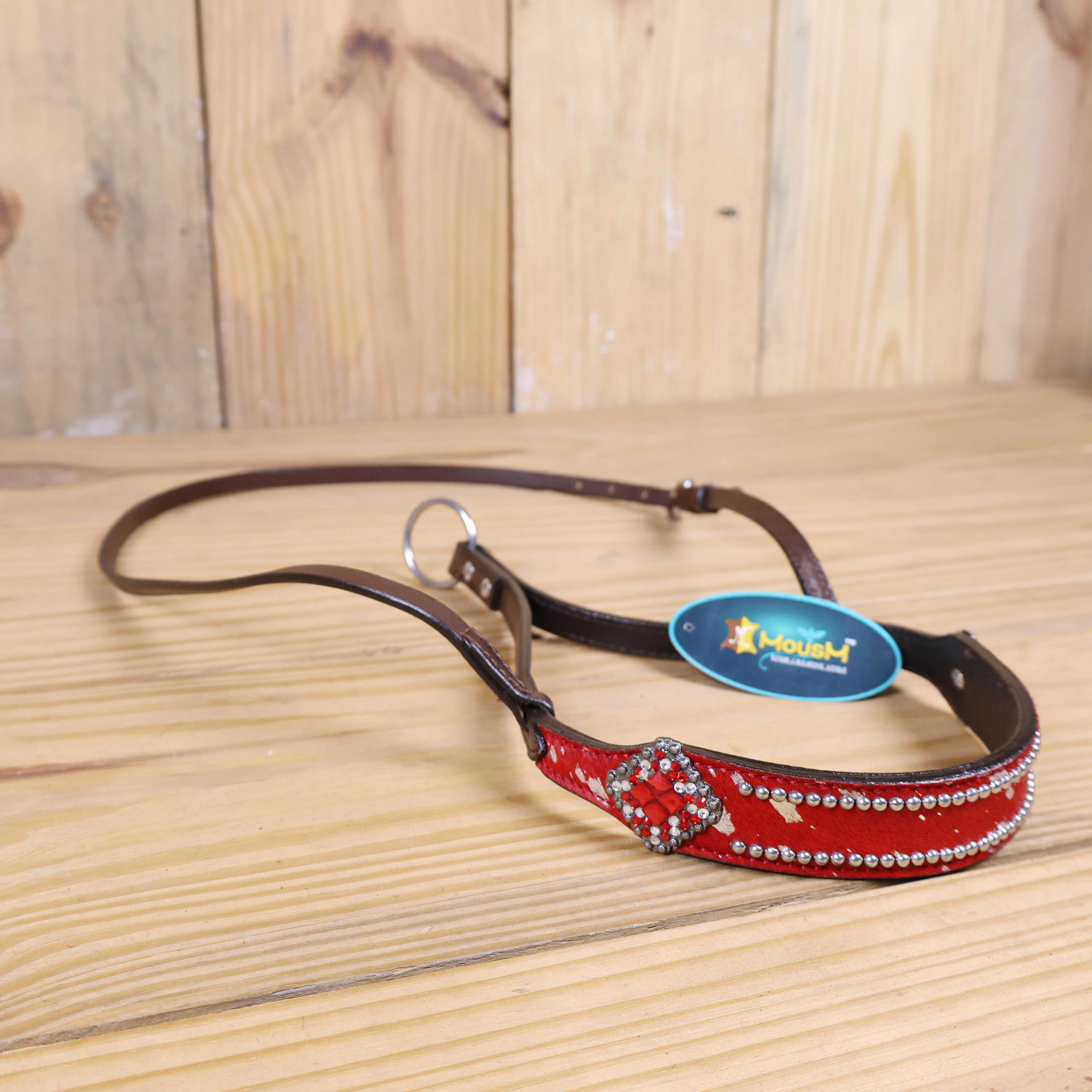 MOUSM Genuine Cow Hide Leather Tie Down Noseband with Leather Strap for Horse - Decorated with Red Metallic Acid Wash Natural Hair On Cowhide and Rhinestone Conchos, 1 Meter Strap Length and 6/8" Inches width.