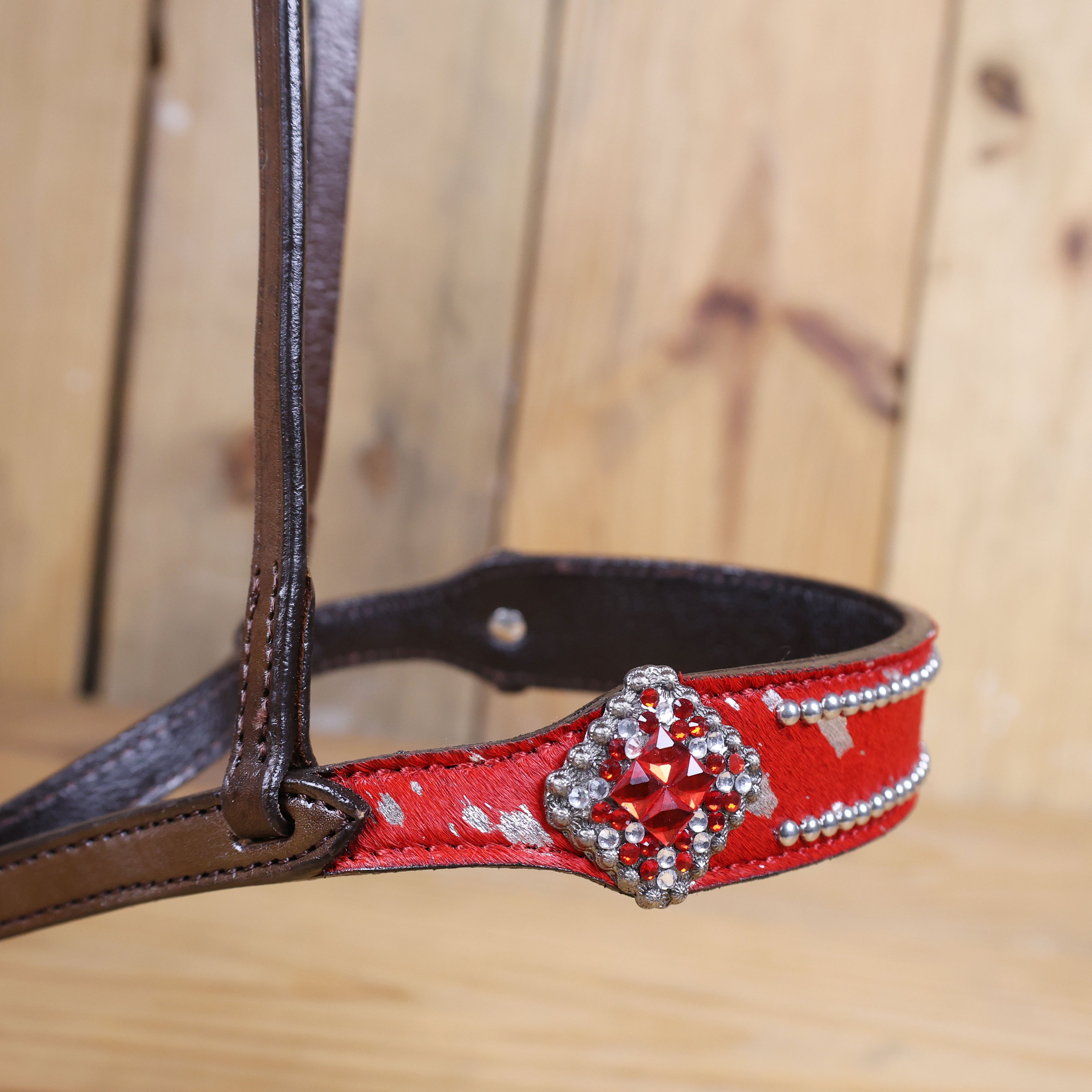 MOUSM Genuine Cow Hide Leather Tie Down Noseband with Leather Strap for Horse - Decorated with Red Metallic Acid Wash Natural Hair On Cowhide and Rhinestone Conchos, 1 Meter Strap Length and 6/8" Inches width.