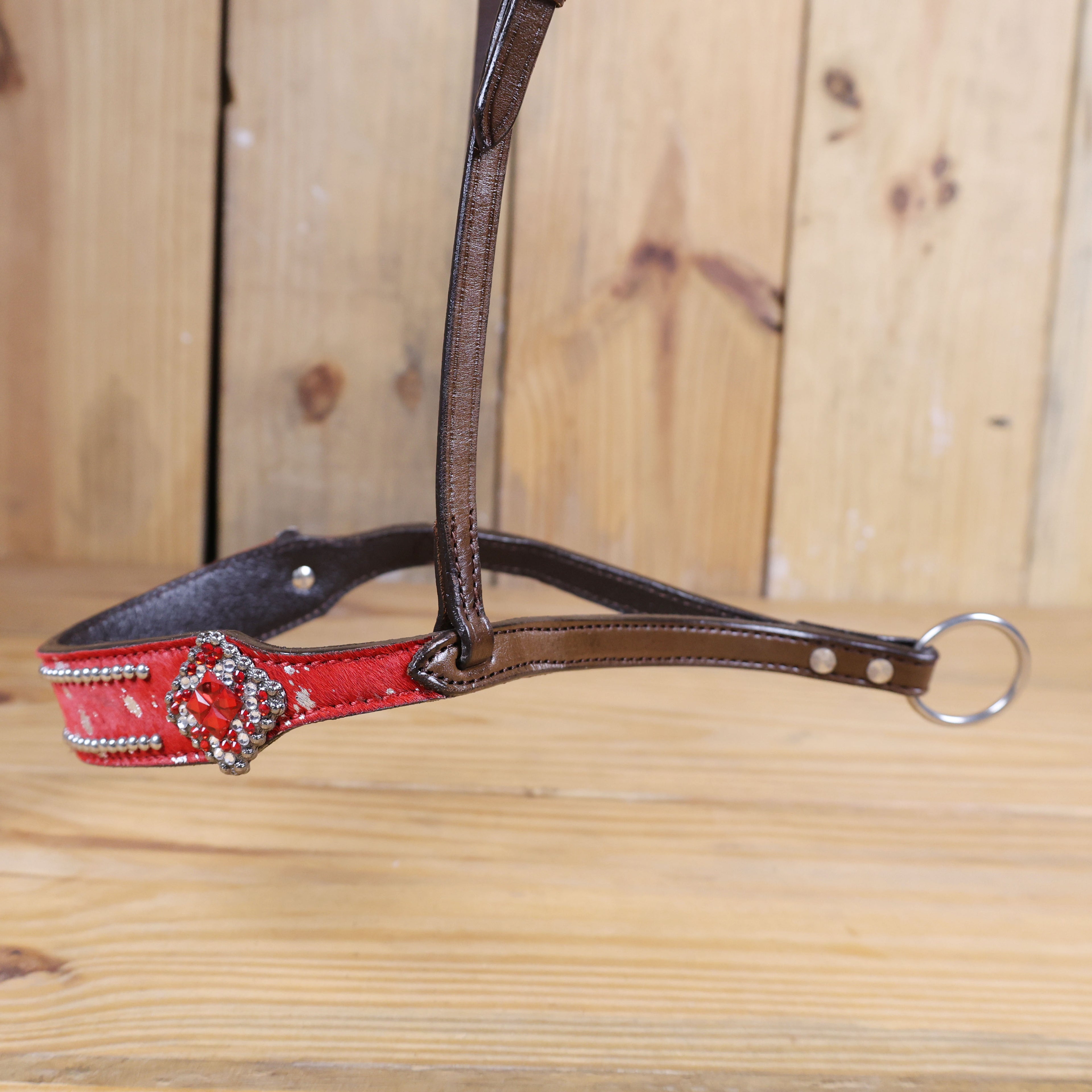 MOUSM Genuine Cow Hide Leather Tie Down Noseband with Leather Strap for Horse - Decorated with Red Metallic Acid Wash Natural Hair On Cowhide and Rhinestone Conchos, 1 Meter Strap Length and 6/8" Inches width.