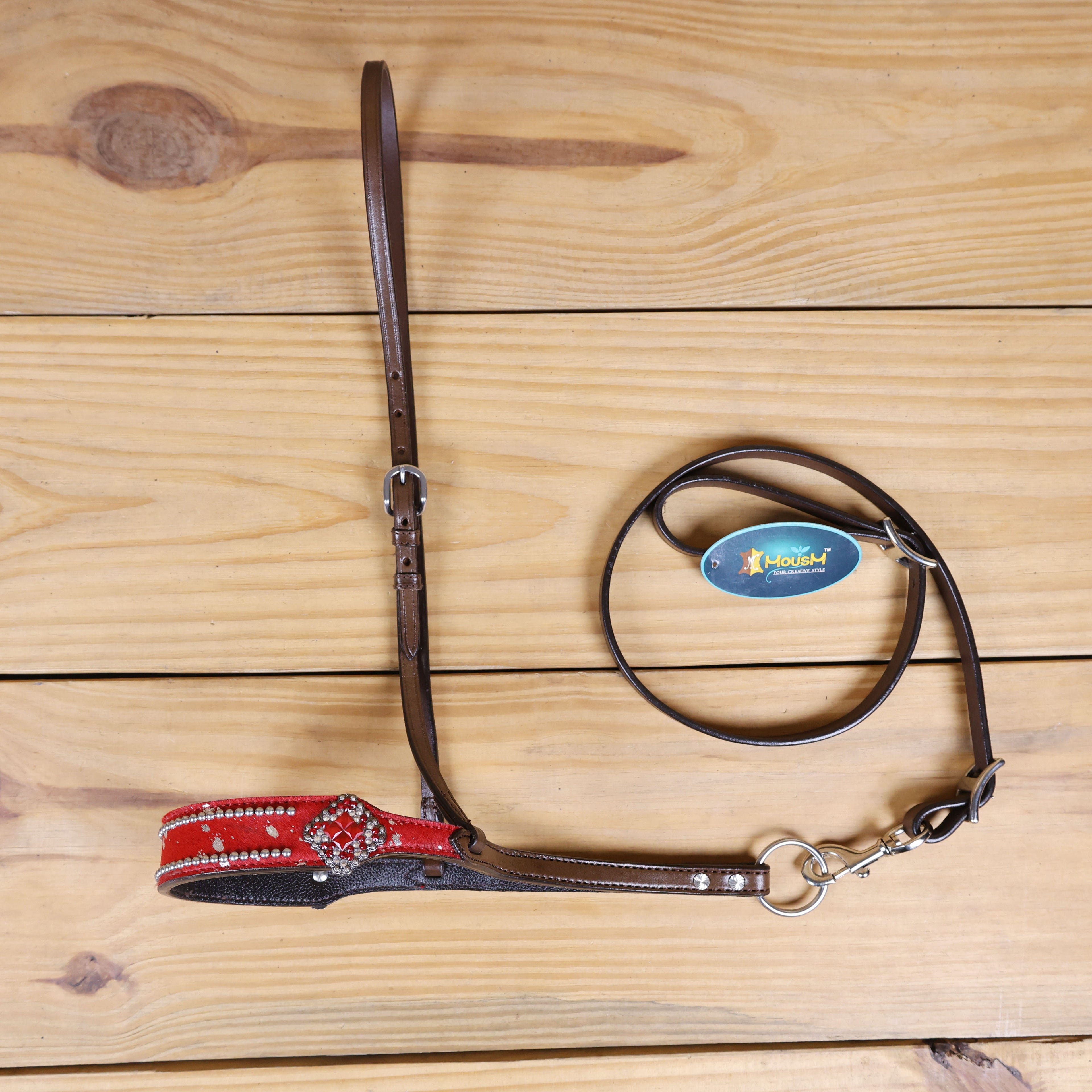 MOUSM Genuine Cow Hide Leather Tie Down Noseband with Leather Strap for Horse - Decorated with Red Metallic Acid Wash Natural Hair On Cowhide and Rhinestone Conchos, 1 Meter Strap Length and 6/8" Inches width.