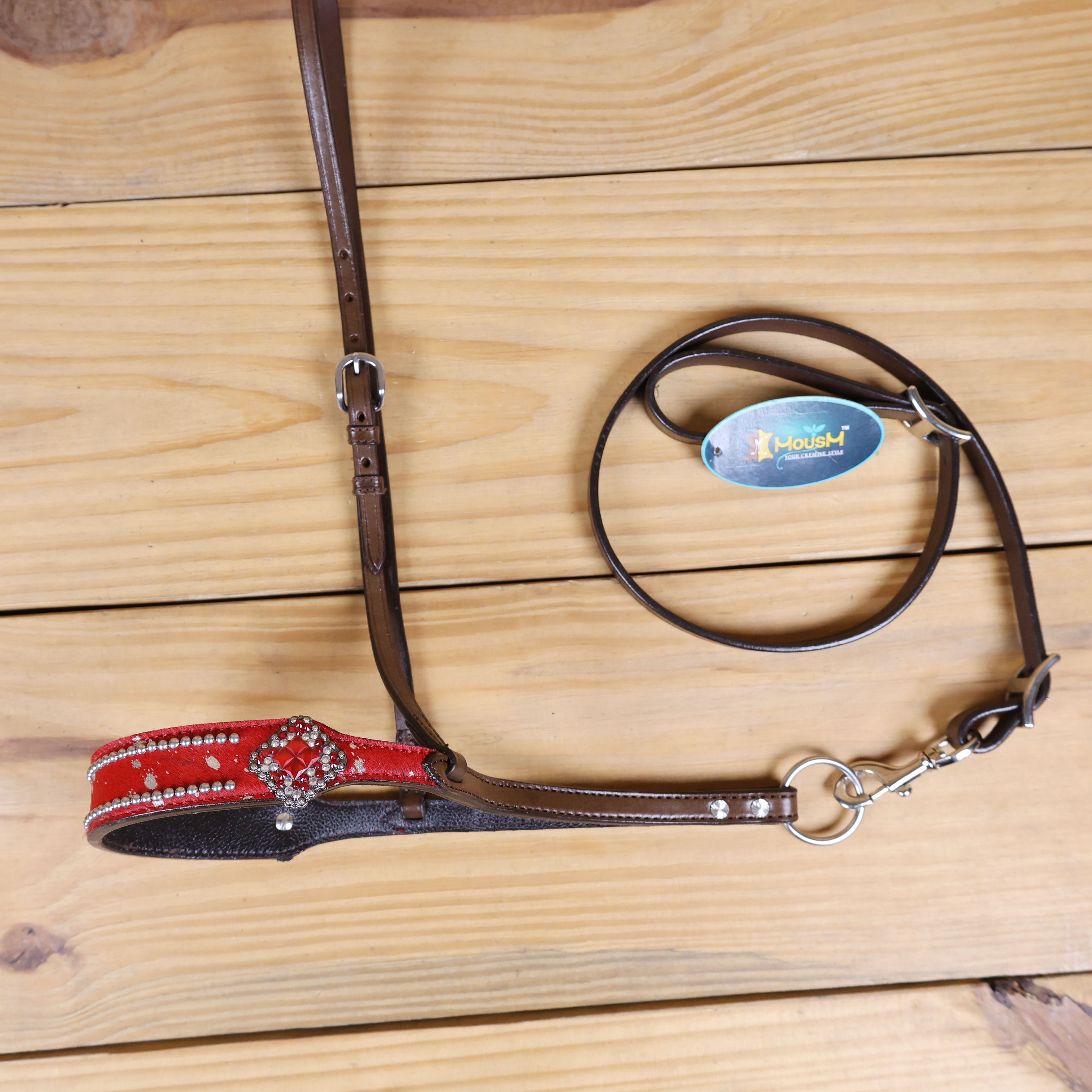 MOUSM Genuine Cow Hide Leather Tie Down Noseband with Leather Strap for Horse - Decorated with Red Metallic Acid Wash Natural Hair On Cowhide and Rhinestone Conchos, 1 Meter Strap Length and 6/8" Inches width.
