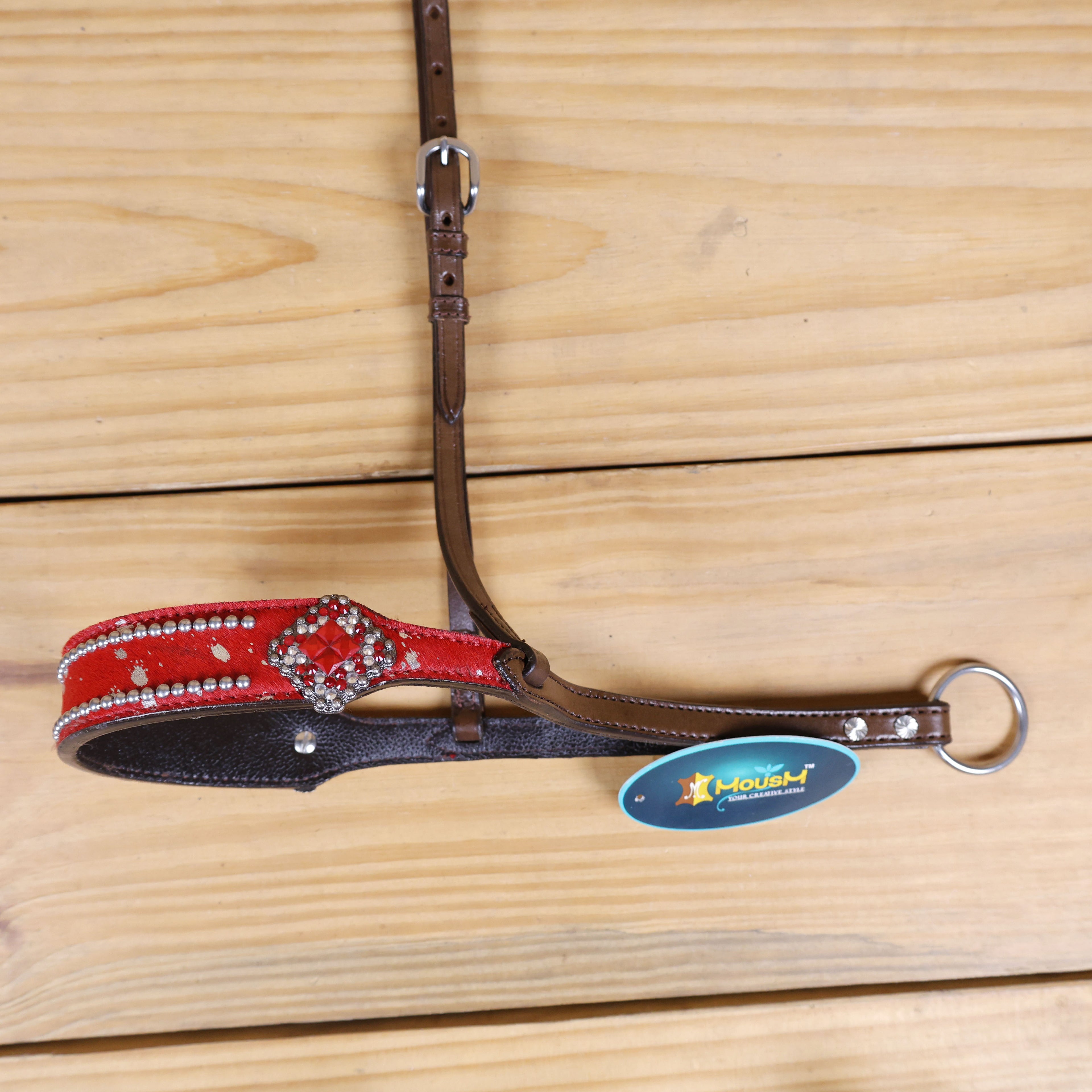 MOUSM Genuine Cow Hide Leather Tie Down Noseband with Leather Strap for Horse - Decorated with Red Metallic Acid Wash Natural Hair On Cowhide and Rhinestone Conchos, 1 Meter Strap Length and 6/8" Inches width.