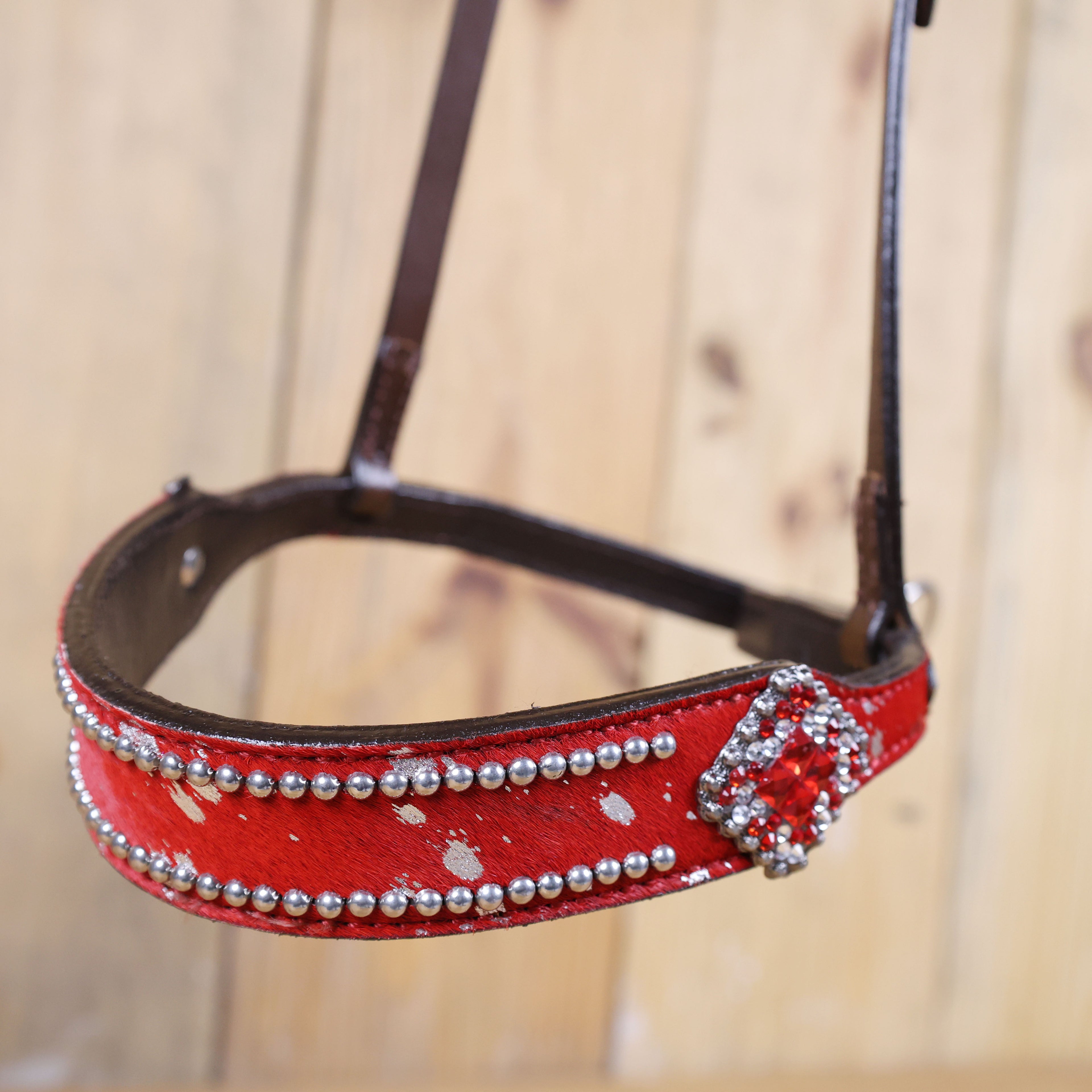 MOUSM Genuine Cow Hide Leather Tie Down Noseband with Leather Strap for Horse - Decorated with Red Metallic Acid Wash Natural Hair On Cowhide and Rhinestone Conchos, 1 Meter Strap Length and 6/8" Inches width.