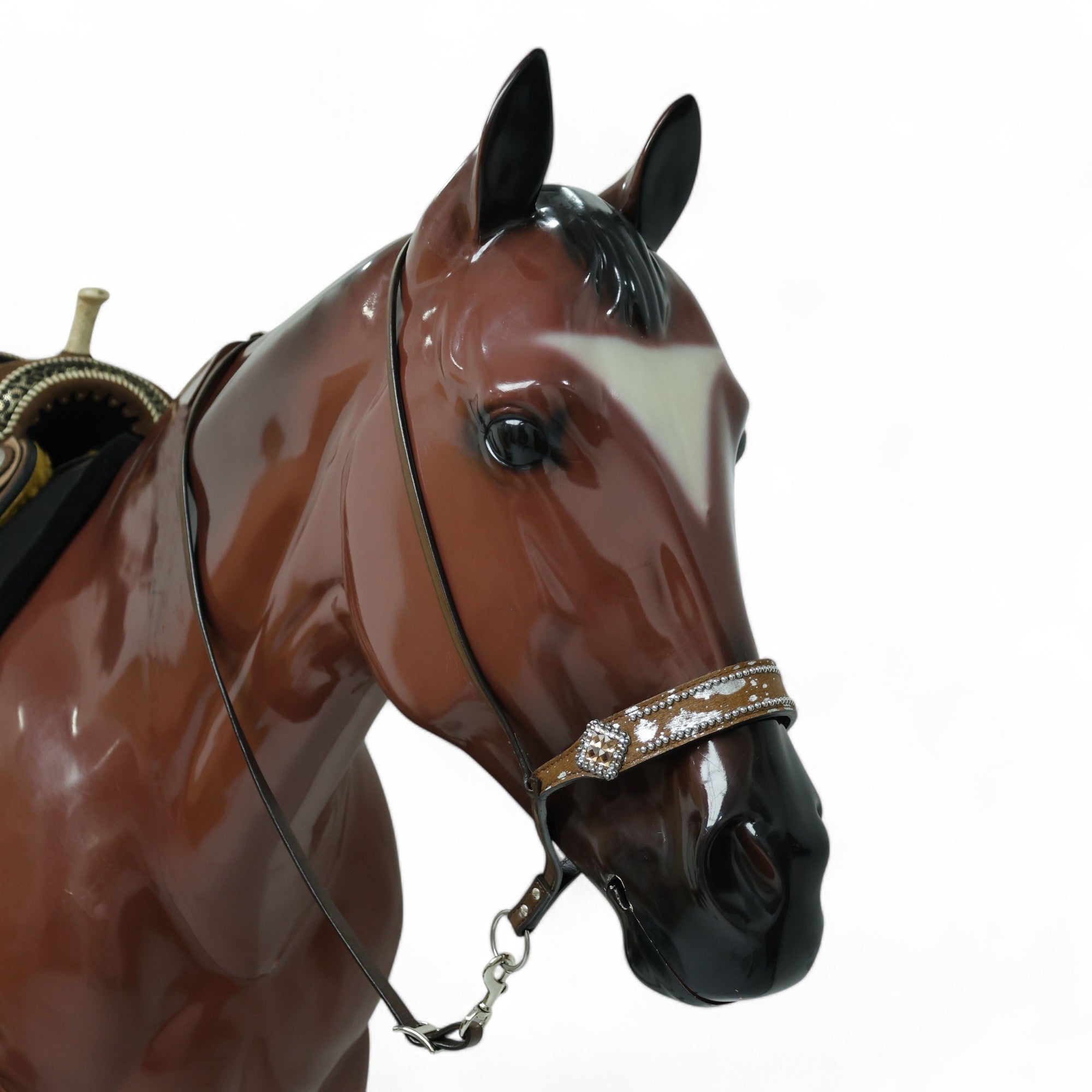 MOUSM Genuine Cow Hide Leather Tie Down Noseband with Leather Strap for Horse - Decorated with Brown Metallic Acid Wash Natural Hair On Cowhide and Rhinestone Conchos, 1 Meter Strap Length and 6/8" Inches width.