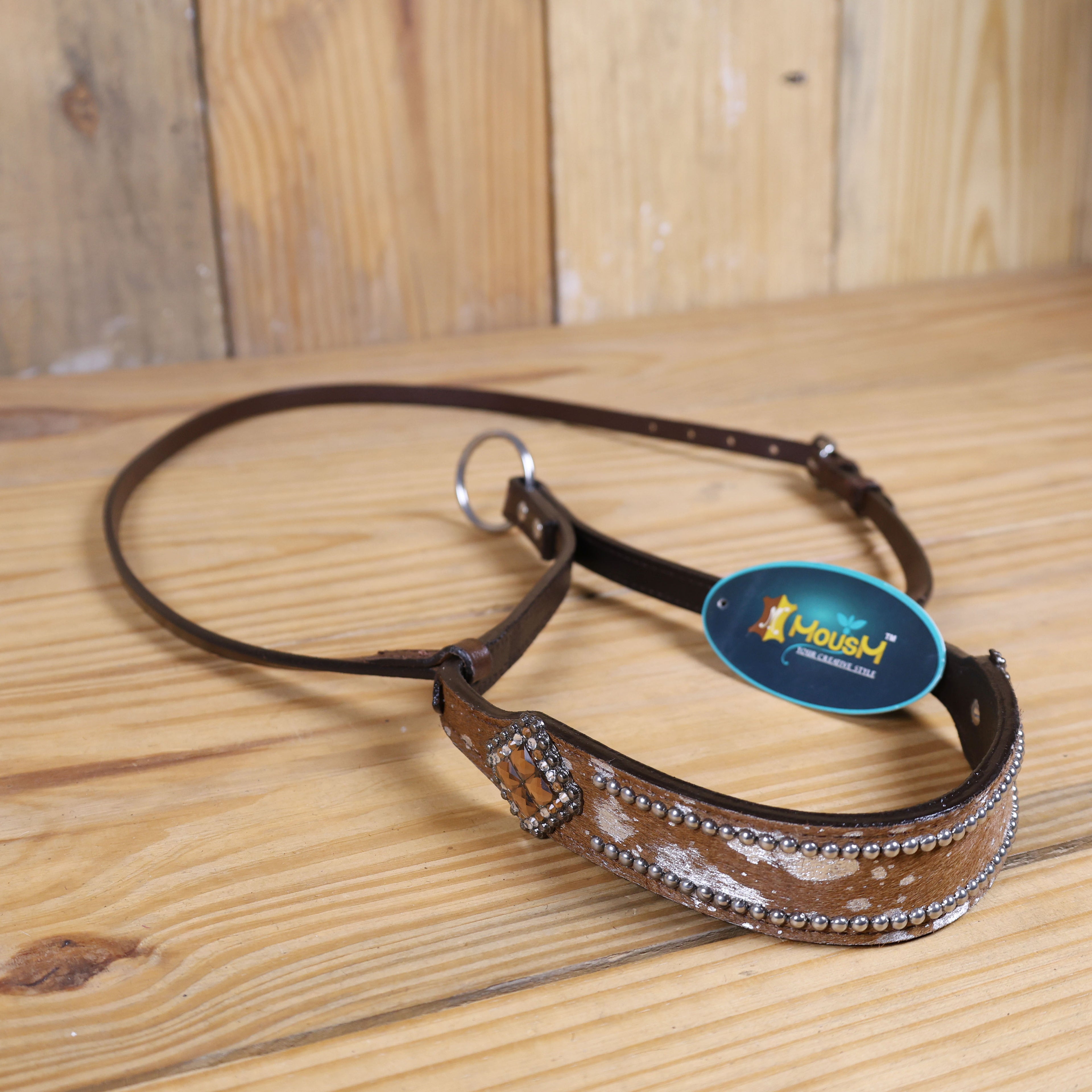 MOUSM Genuine Cow Hide Leather Tie Down Noseband with Leather Strap for Horse - Decorated with Brown Metallic Acid Wash Natural Hair On Cowhide and Rhinestone Conchos, 1 Meter Strap Length and 6/8" Inches width.
