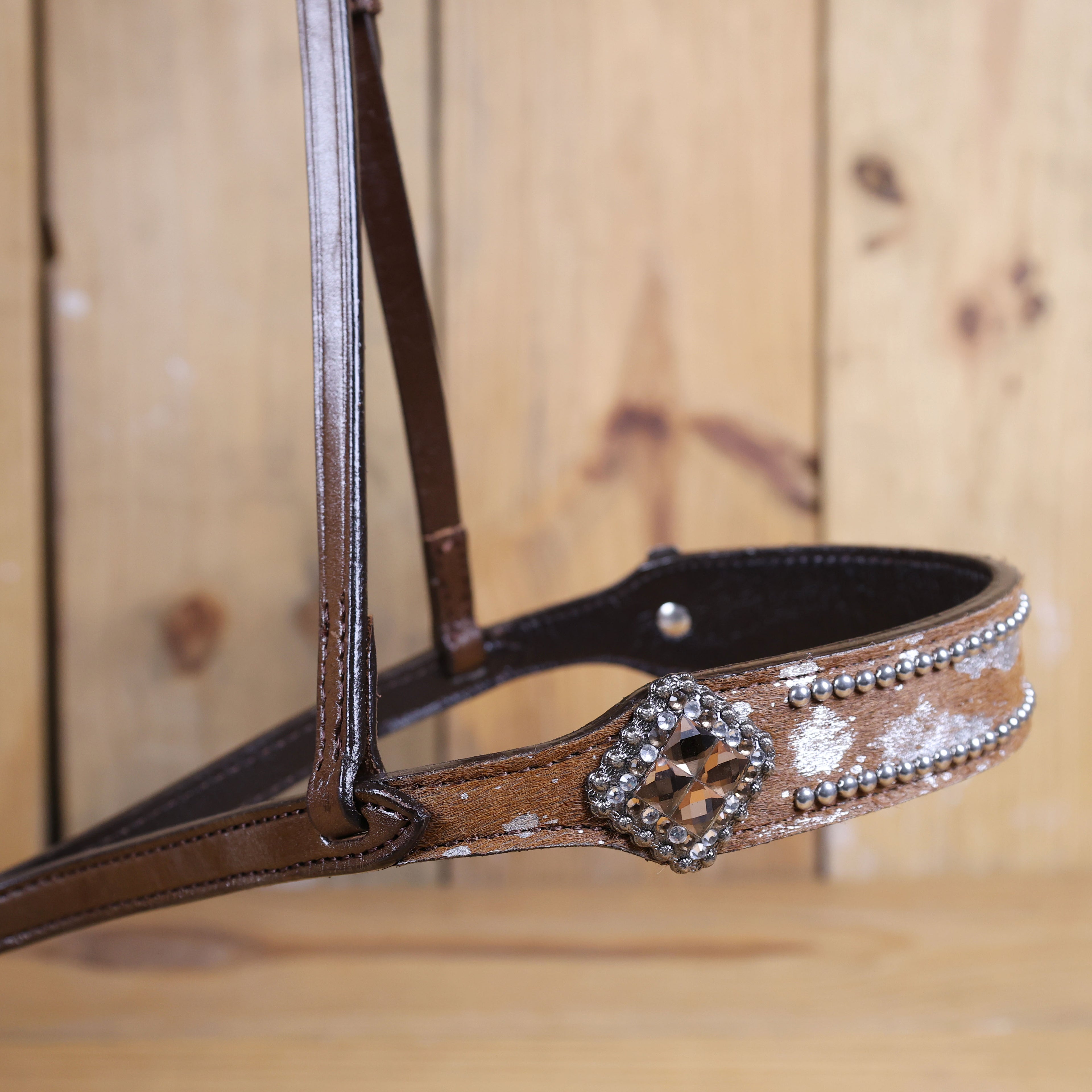 MOUSM Genuine Cow Hide Leather Tie Down Noseband with Leather Strap for Horse - Decorated with Brown Metallic Acid Wash Natural Hair On Cowhide and Rhinestone Conchos, 1 Meter Strap Length and 6/8" Inches width.
